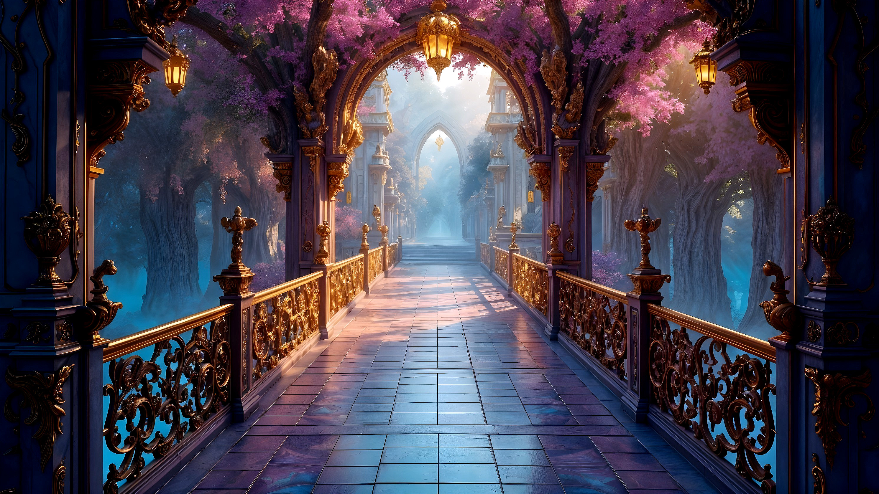 Enchanting Pathway with Blossoms and Golden Lanterns