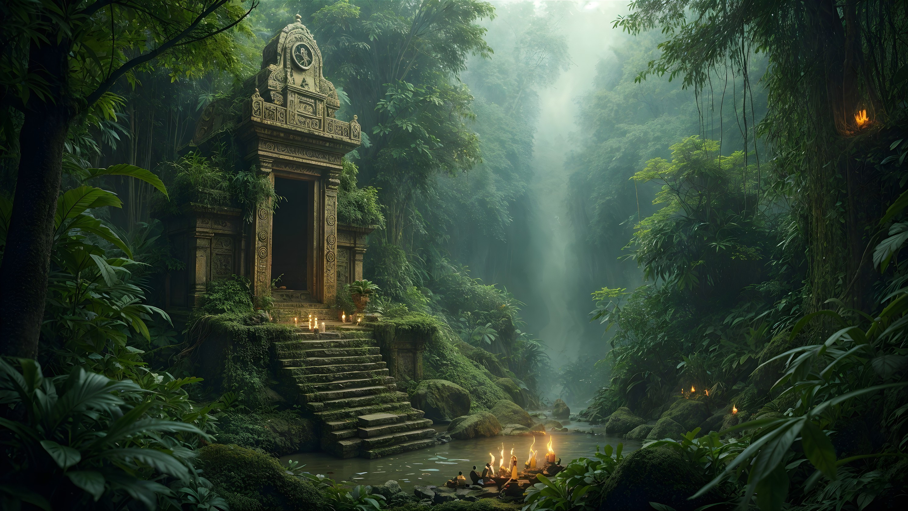 Ancient Stone Temple in Serene Jungle Setting