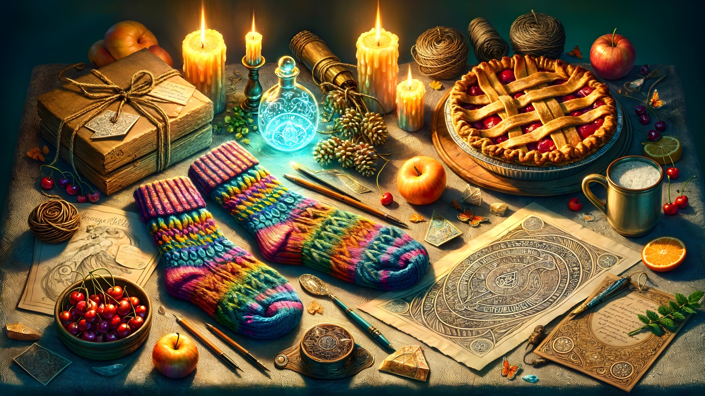 Cozy Autumn Scene with Knitted Socks and Candles