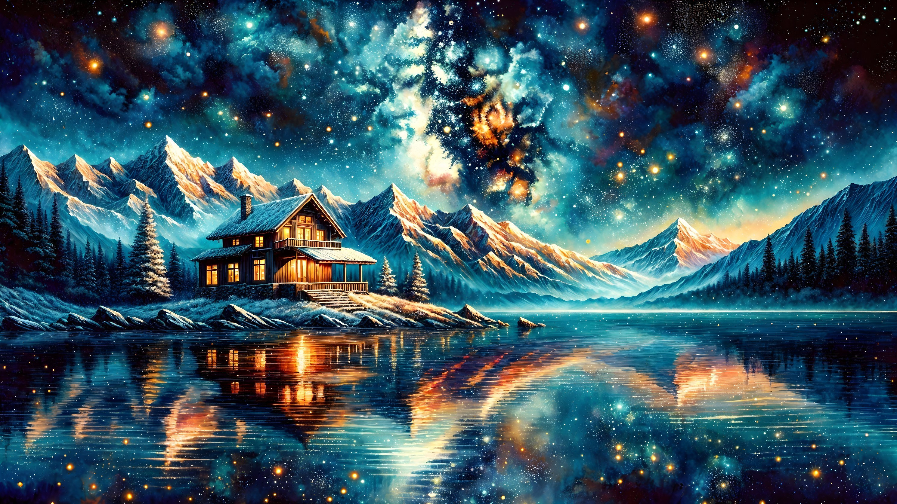 Serene Lake Under Starry Night Sky with Cozy Cabin