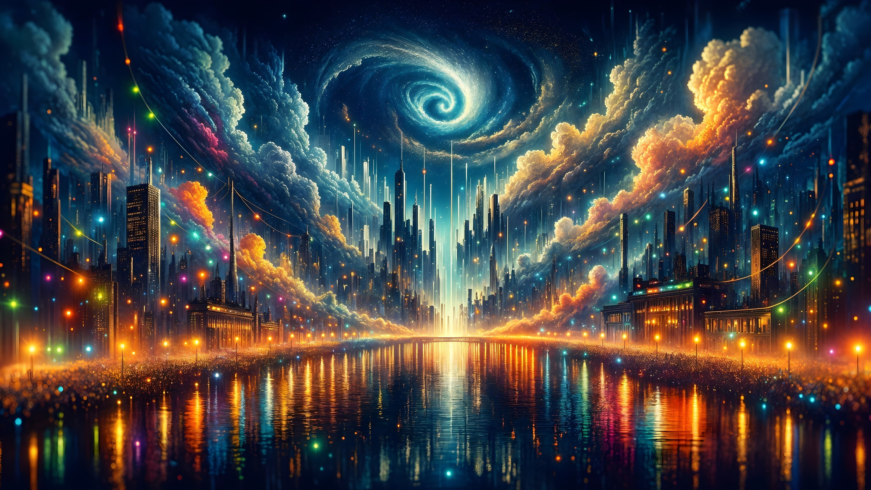 Vibrant Cosmic Cityscape with Galaxy at Twilight