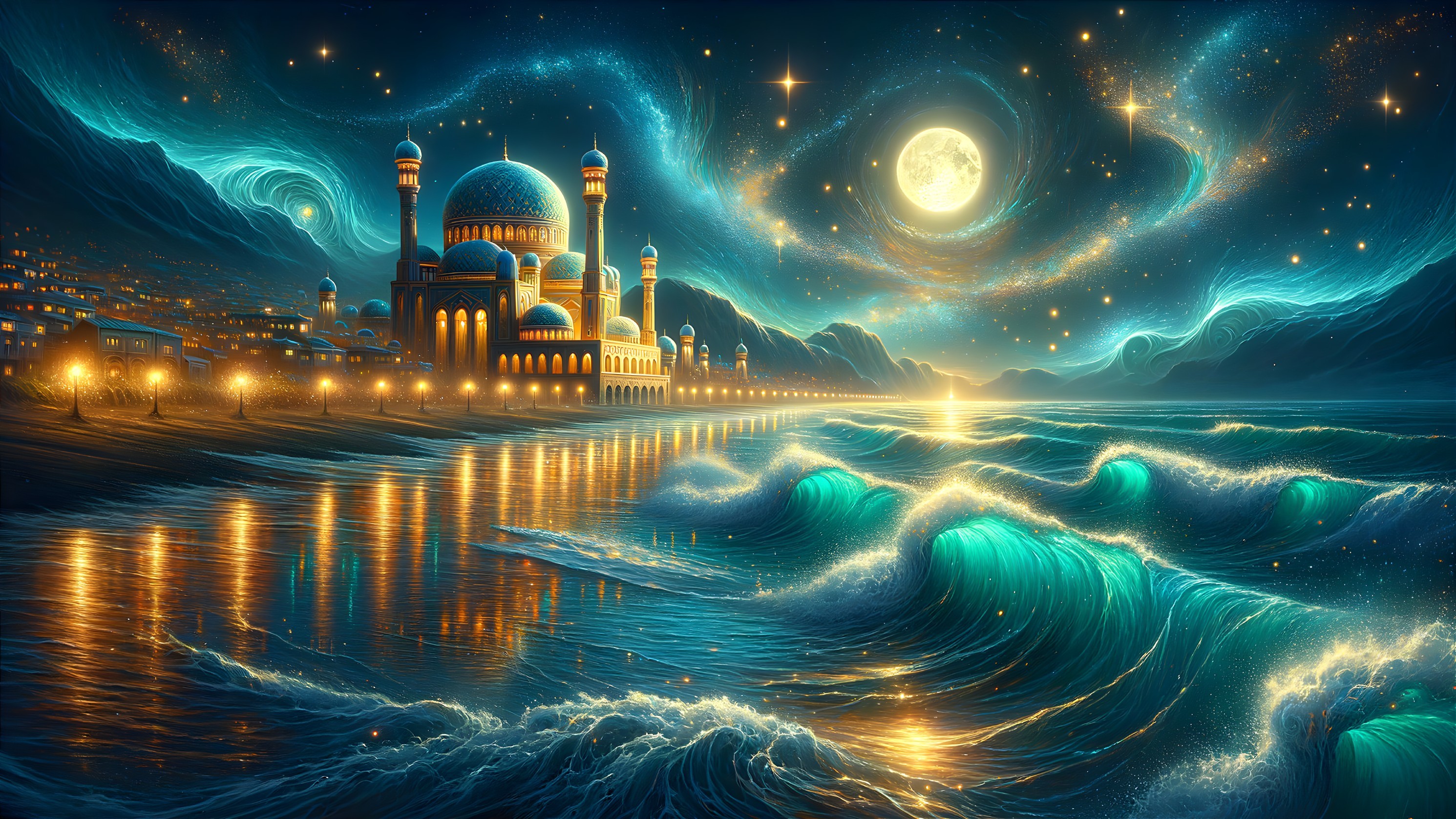 Cosmic Scene of Mosque Under Full Moon and Stars