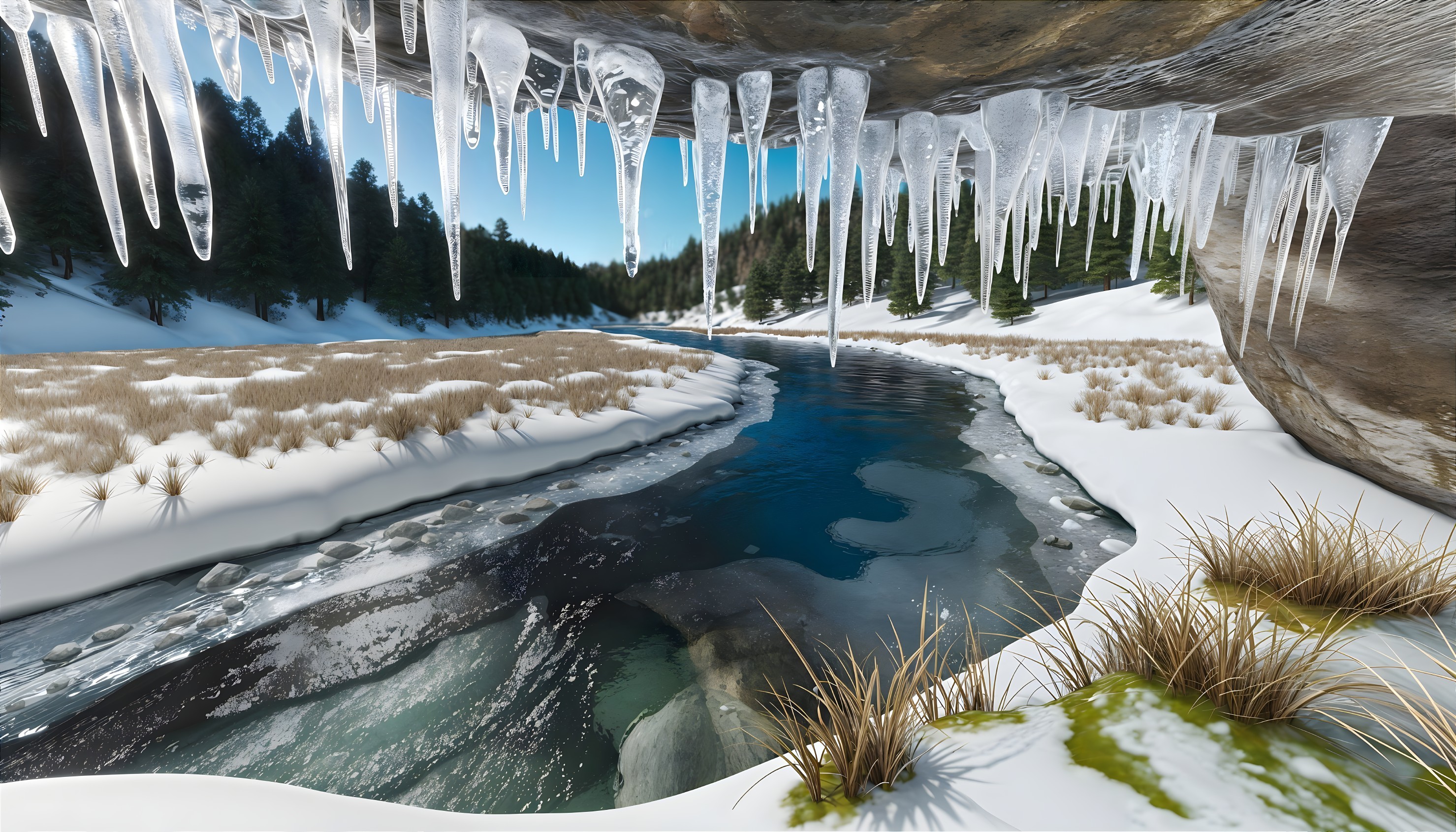 Serene Winter Landscape with Frozen River and Snow