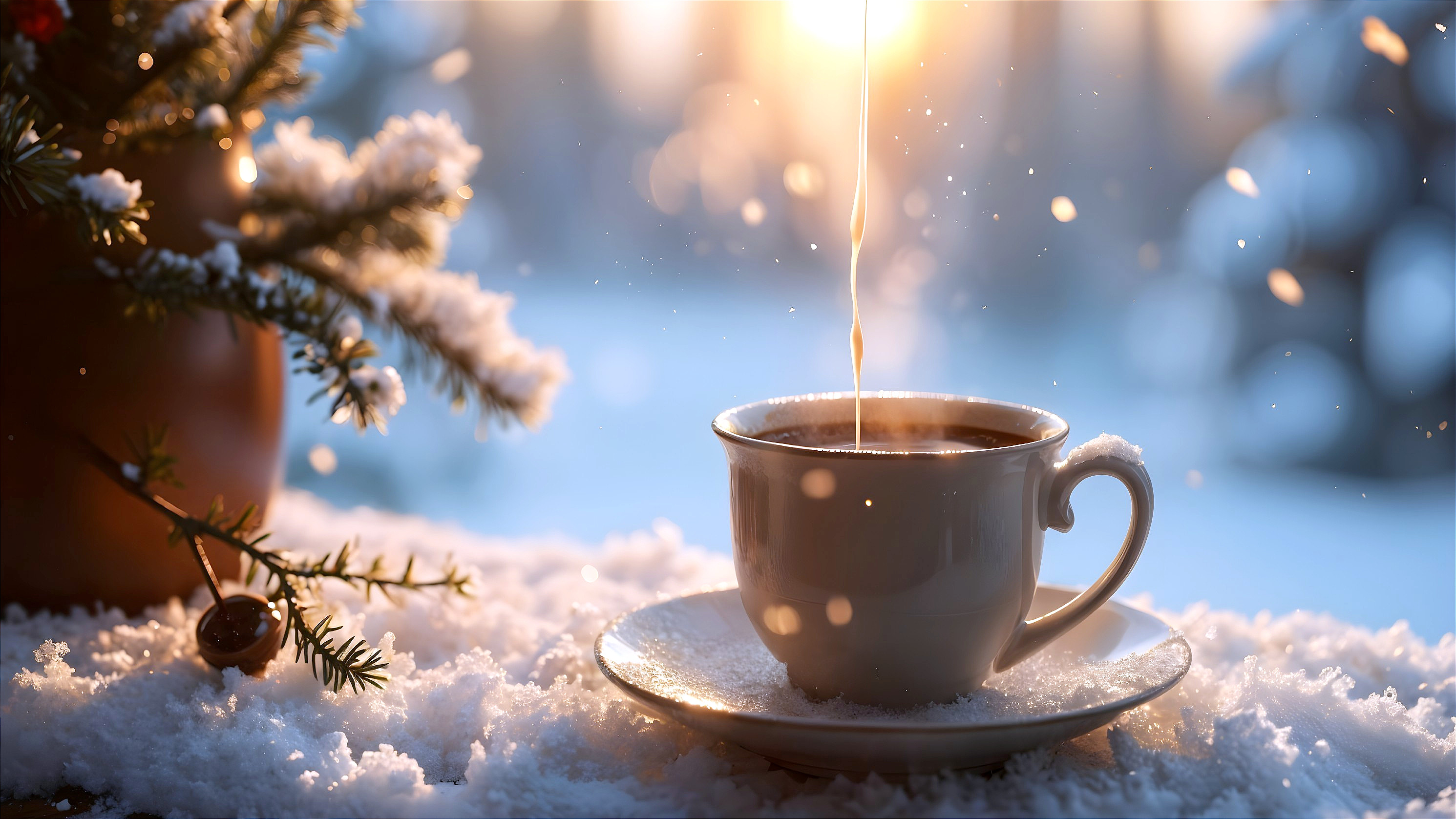 Cozy Winter Scene with Coffee and Snowy Backdrop