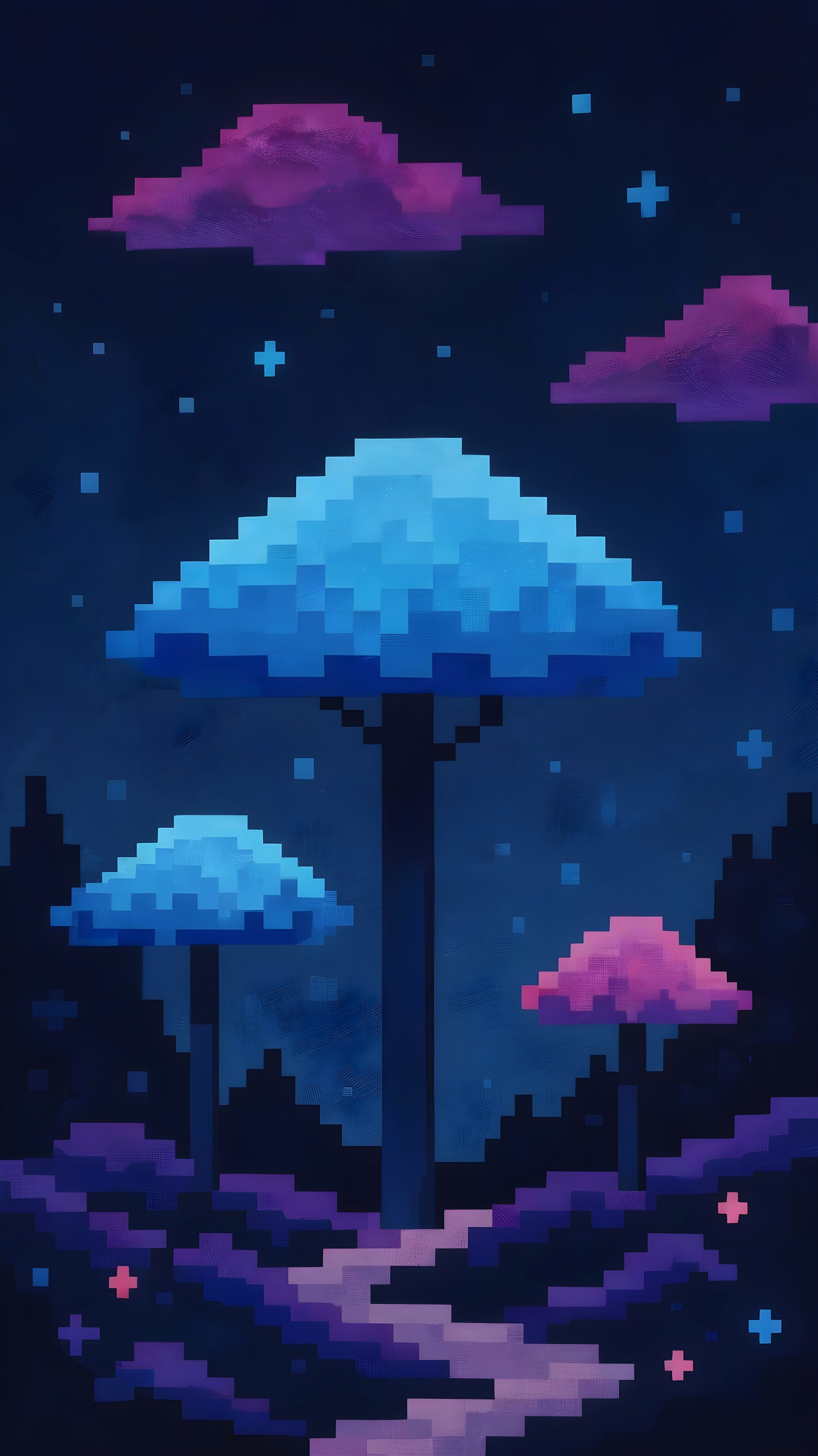 Pixel Art Landscape with Colorful Mushrooms and Clouds