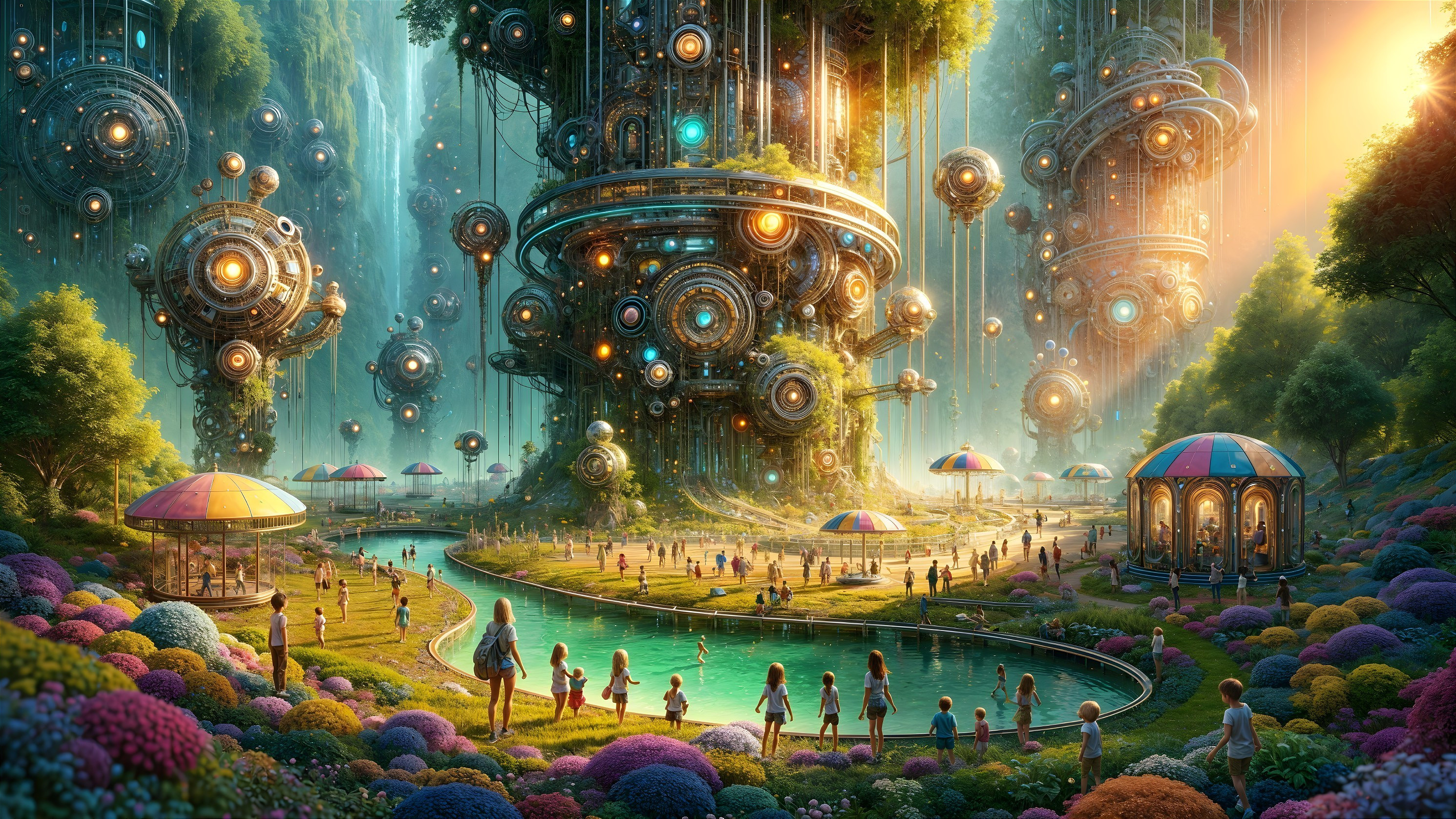 Futuristic landscape with vibrant structures and greenery