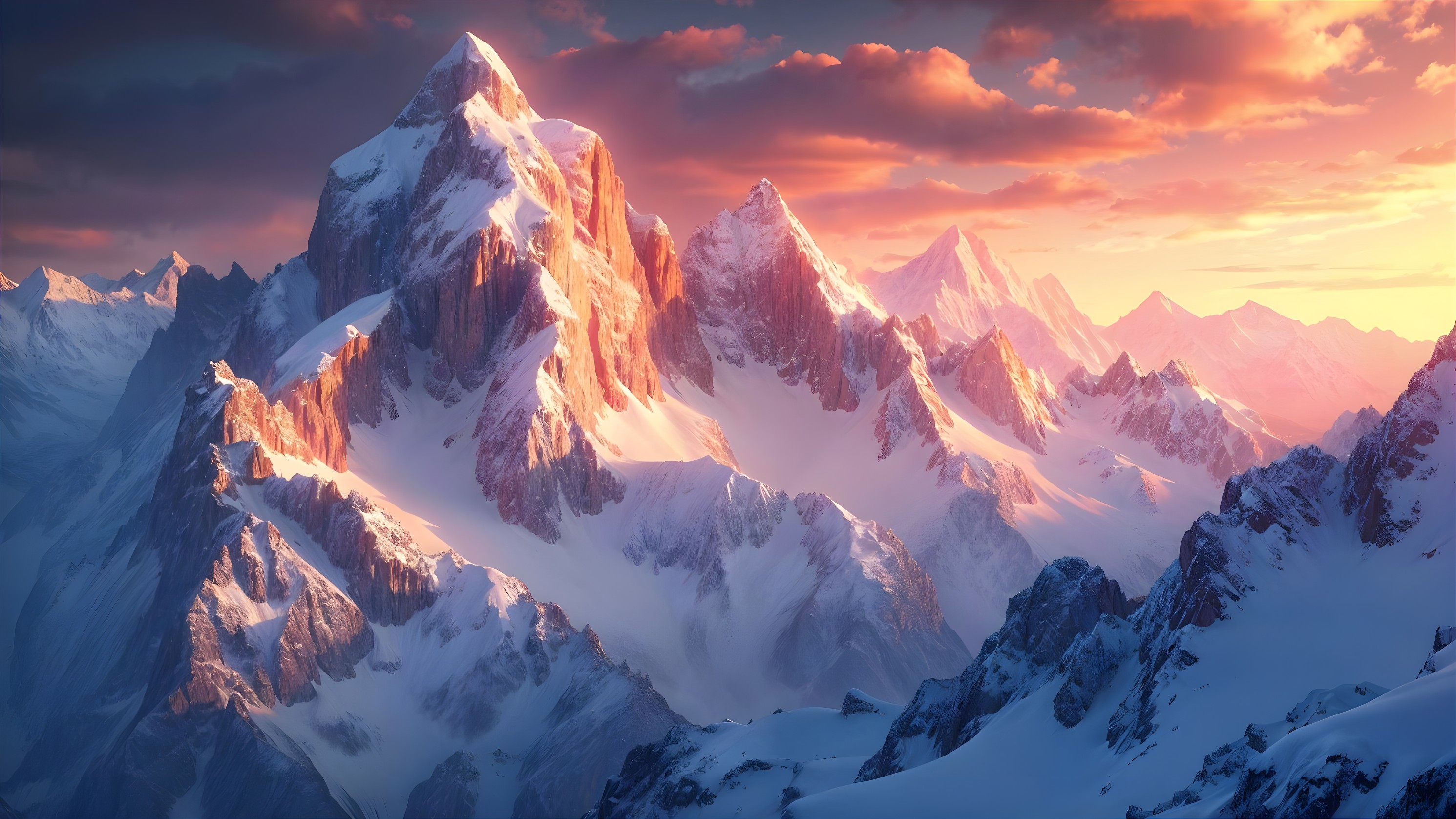 Mountain Range at Sunset with Snow-Capped Peaks