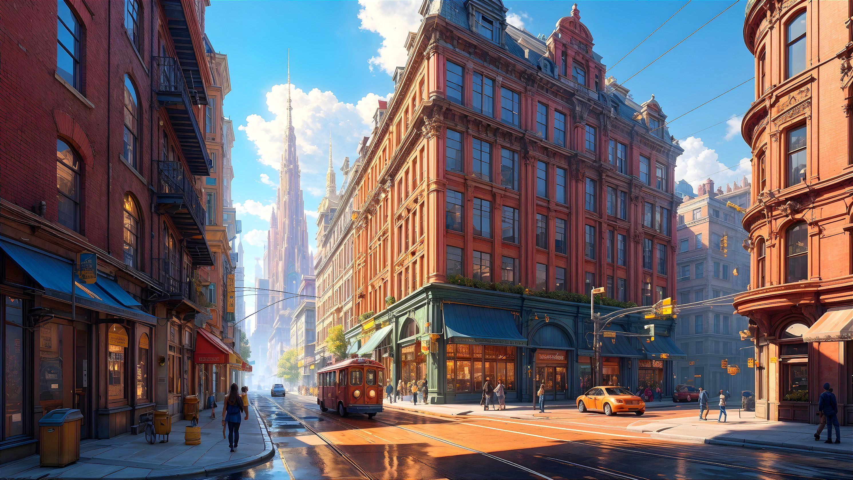 Vibrant City Scene with Classic and Modern Architecture