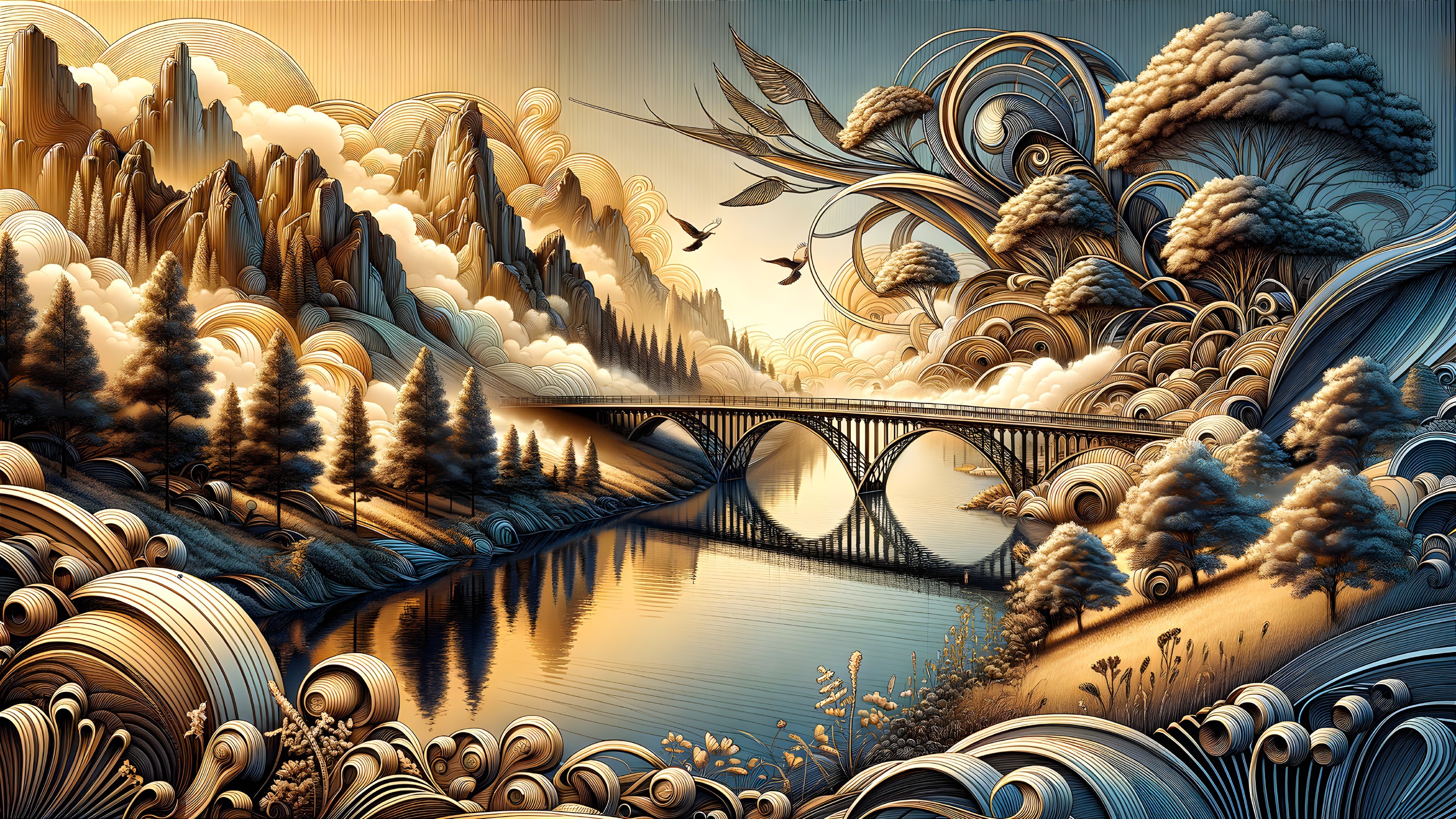 Stylized landscape with river, sunrise, and mountains