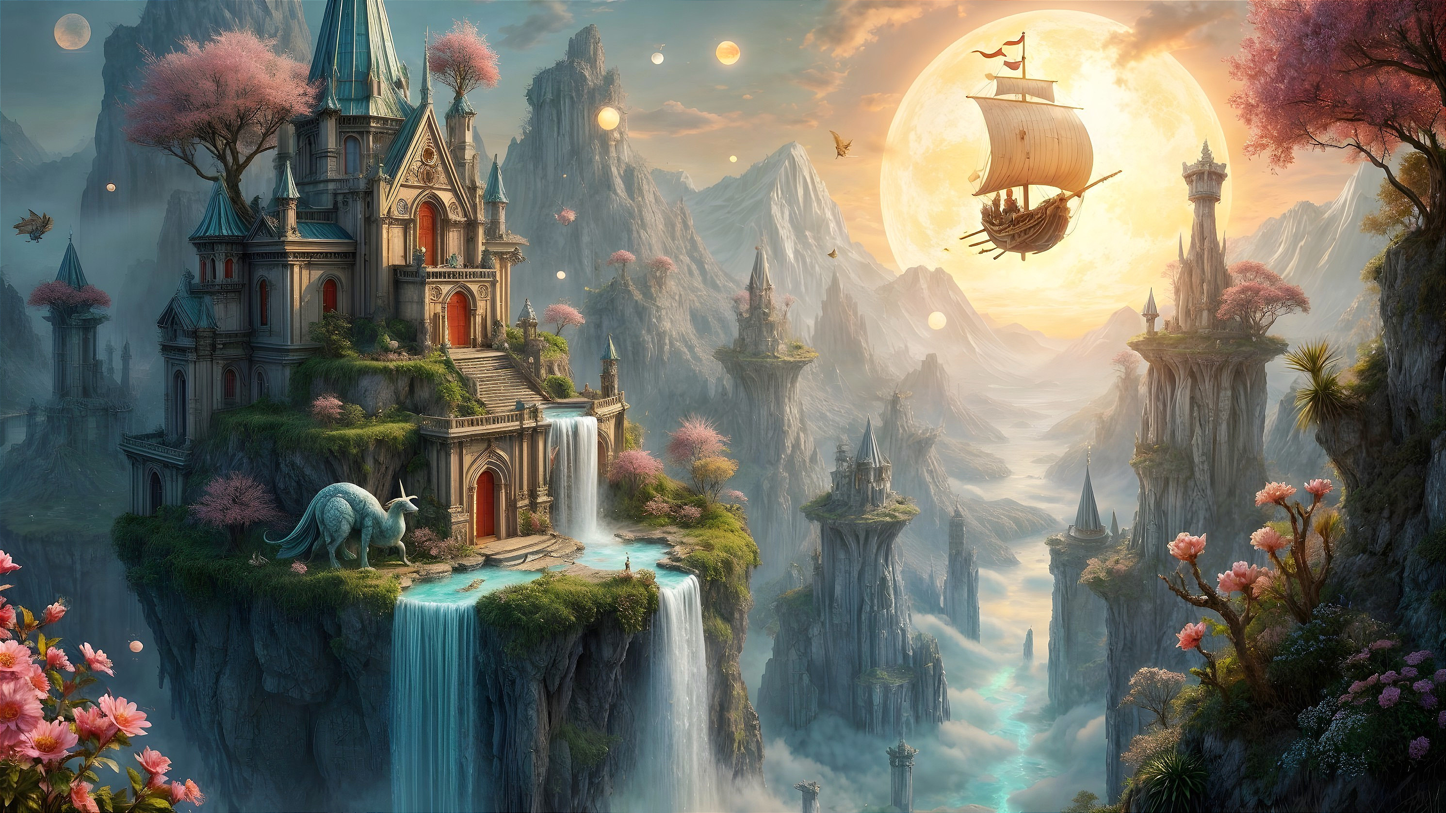 Fantastical landscape with castle, waterfalls, and creatures
