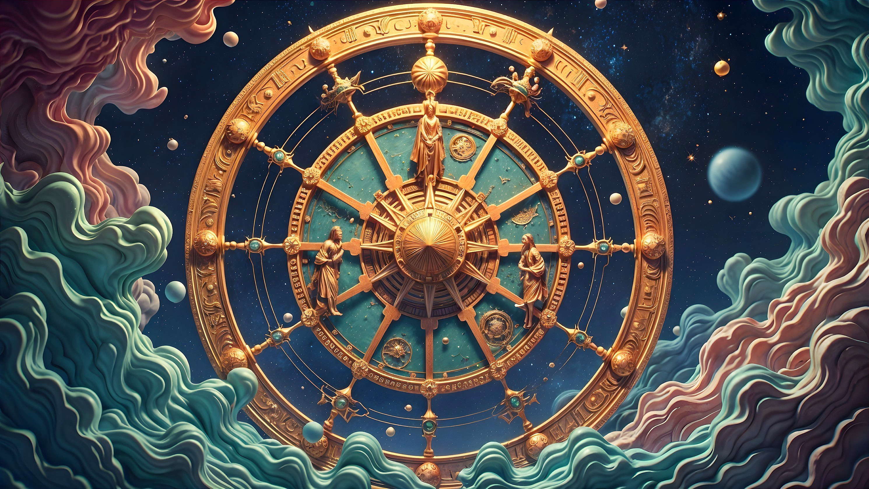 Celestial Wheel with Astrological Signs and Cosmic Elements