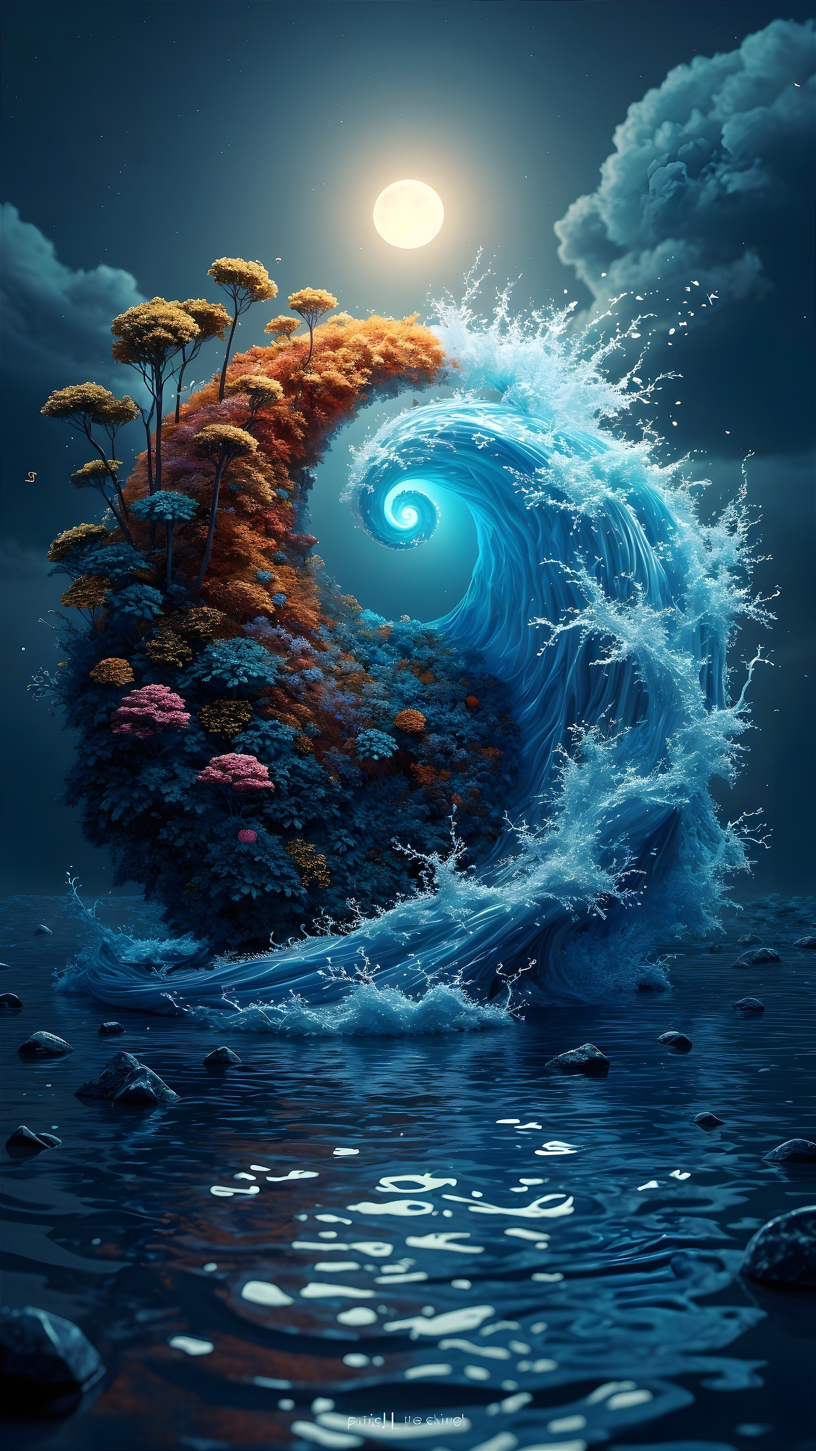 Vibrant Foliage and Ocean Wave Under Moonlit Sky