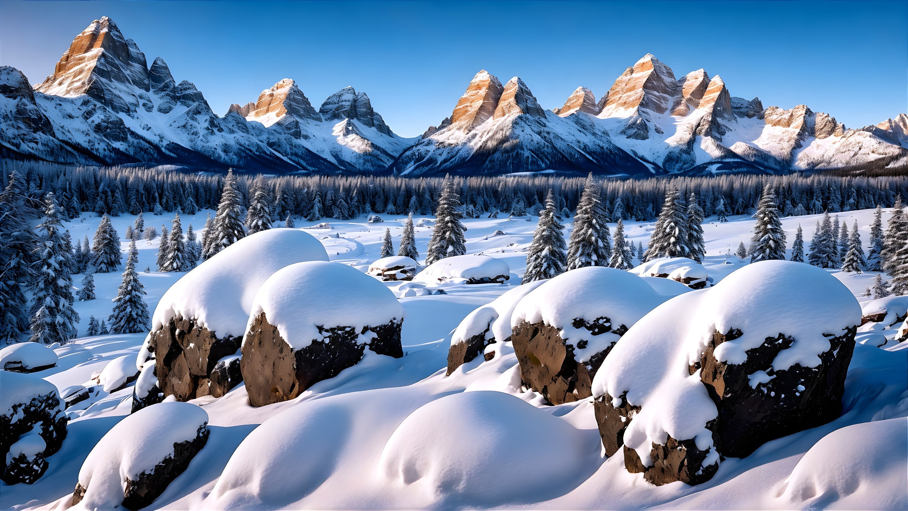 Winter Landscape with Snow-Covered Mountains and Trees