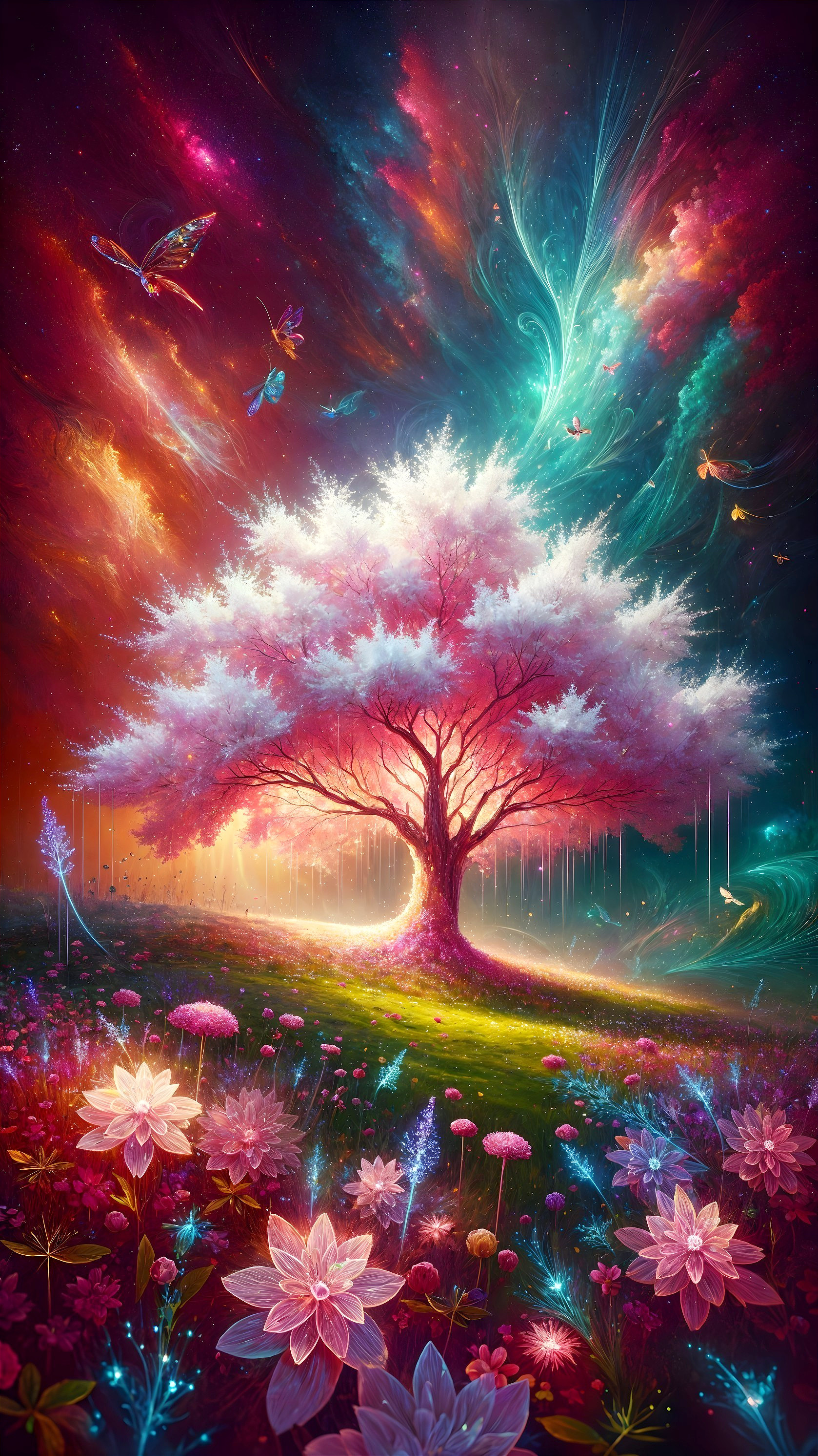 Surreal tree with pink foliage in vibrant landscape