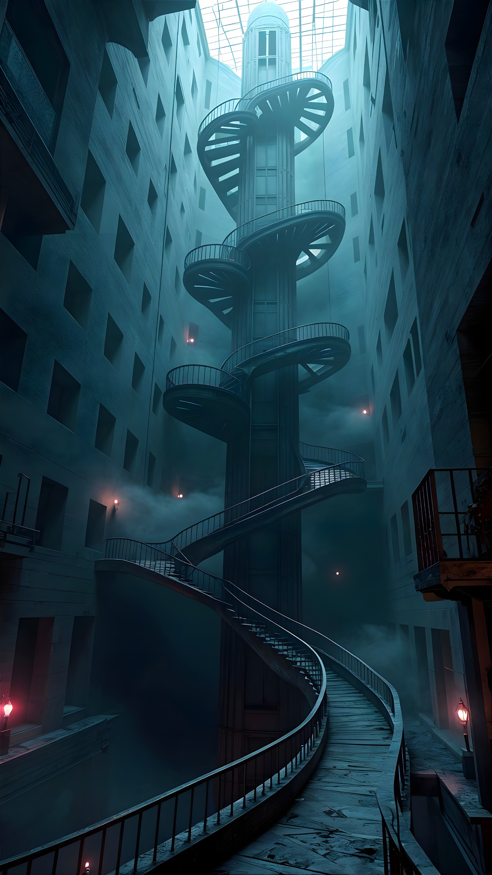 Spiral Staircase in Dark, Misty Industrial Space