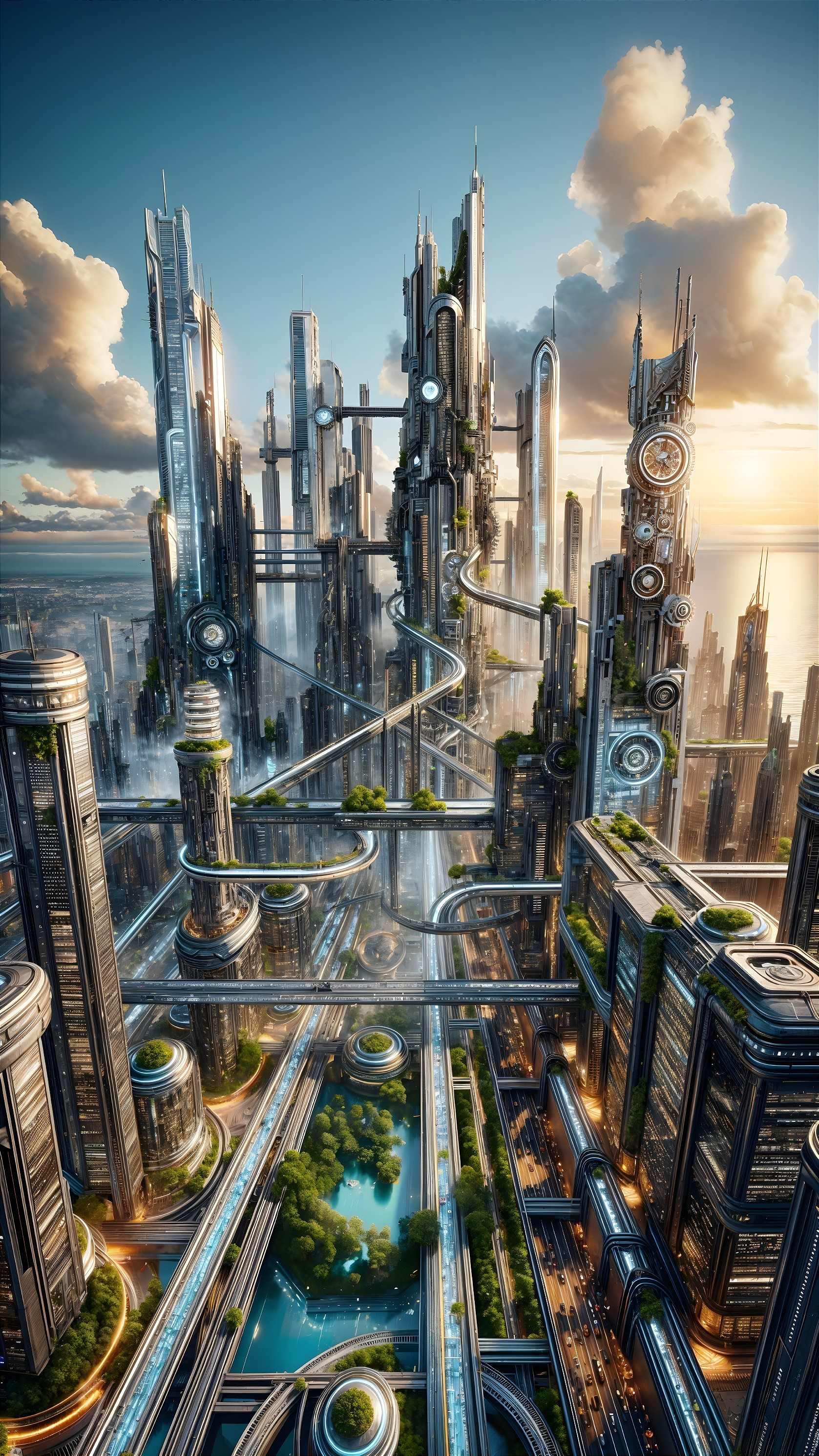 Futuristic cityscape with skyscrapers and greenery