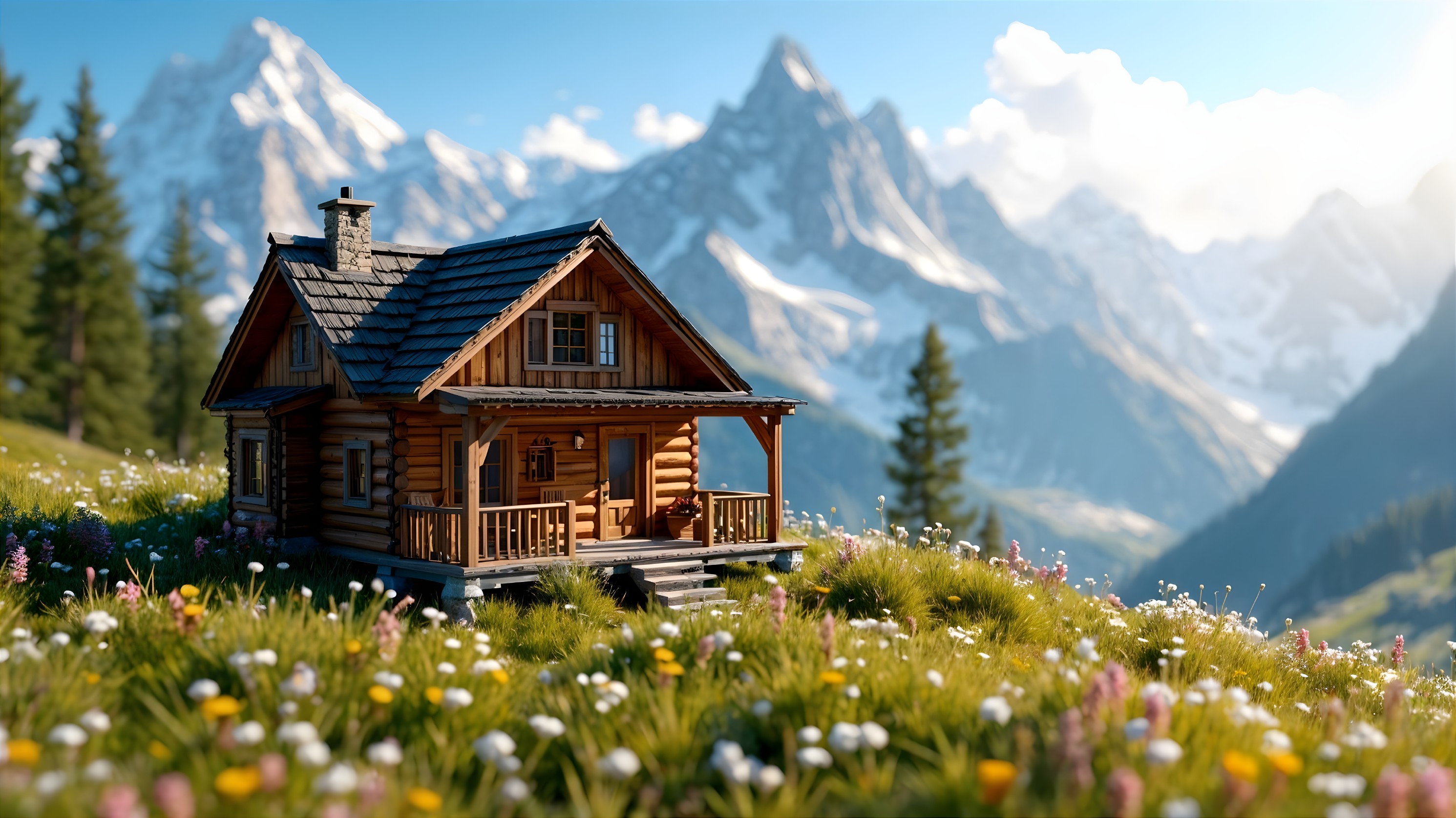 Wooden cabin in a flower-filled meadow with mountains