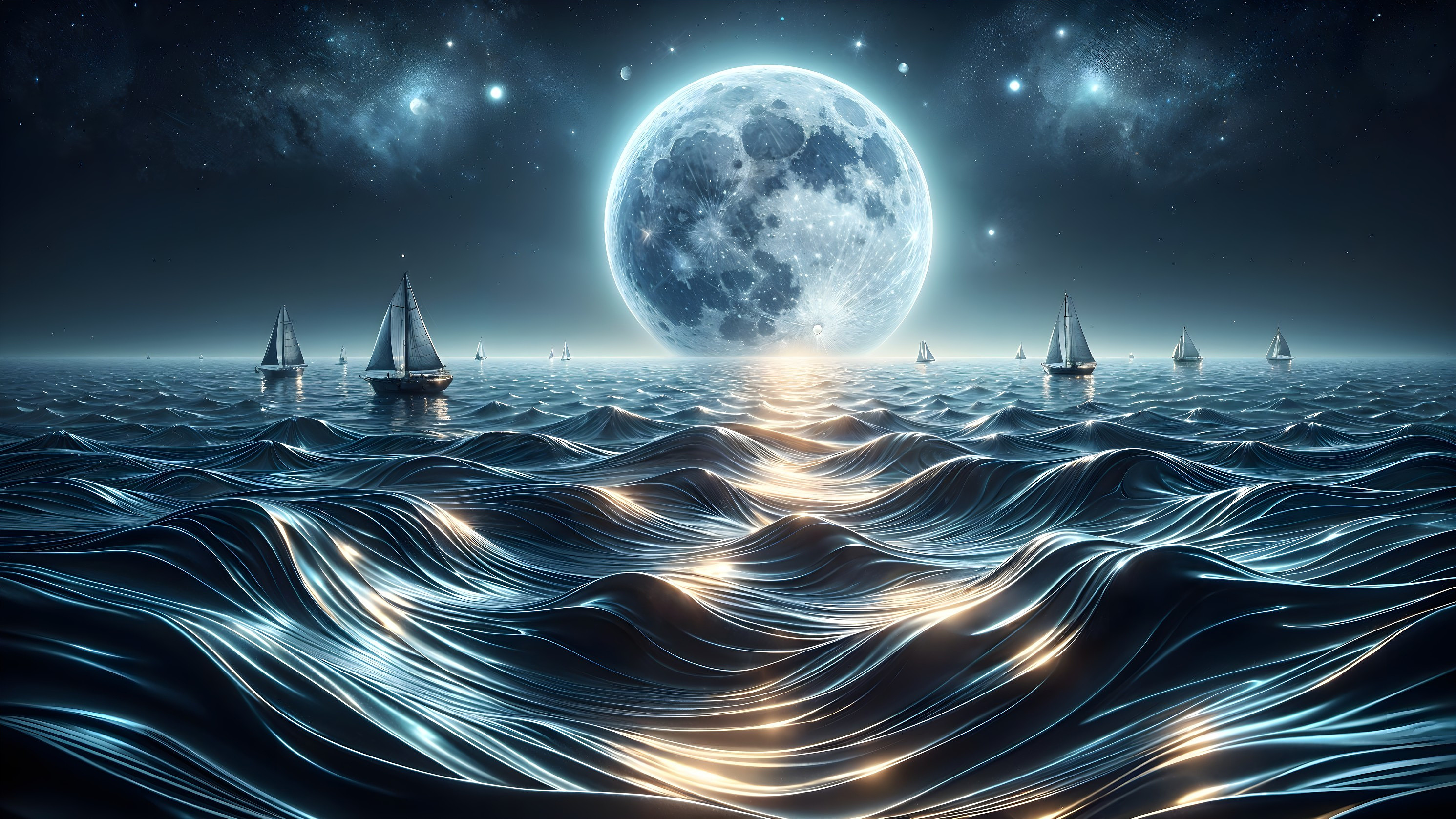 Luminous Moonlit Seascape with Silhouetted Sailboats