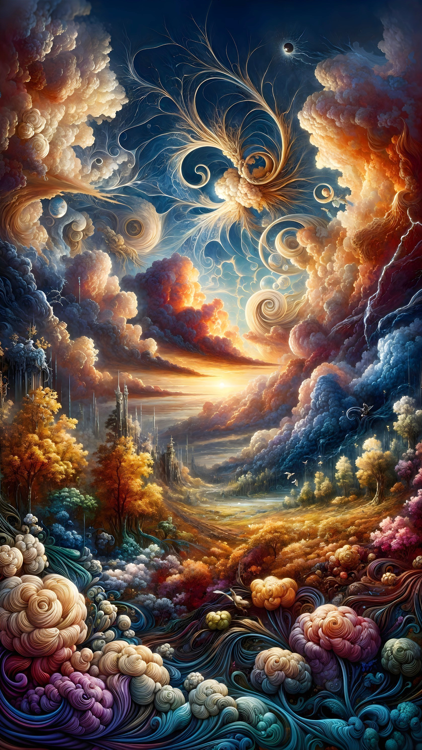 Surreal Landscape with Vibrant Clouds and Vegetation