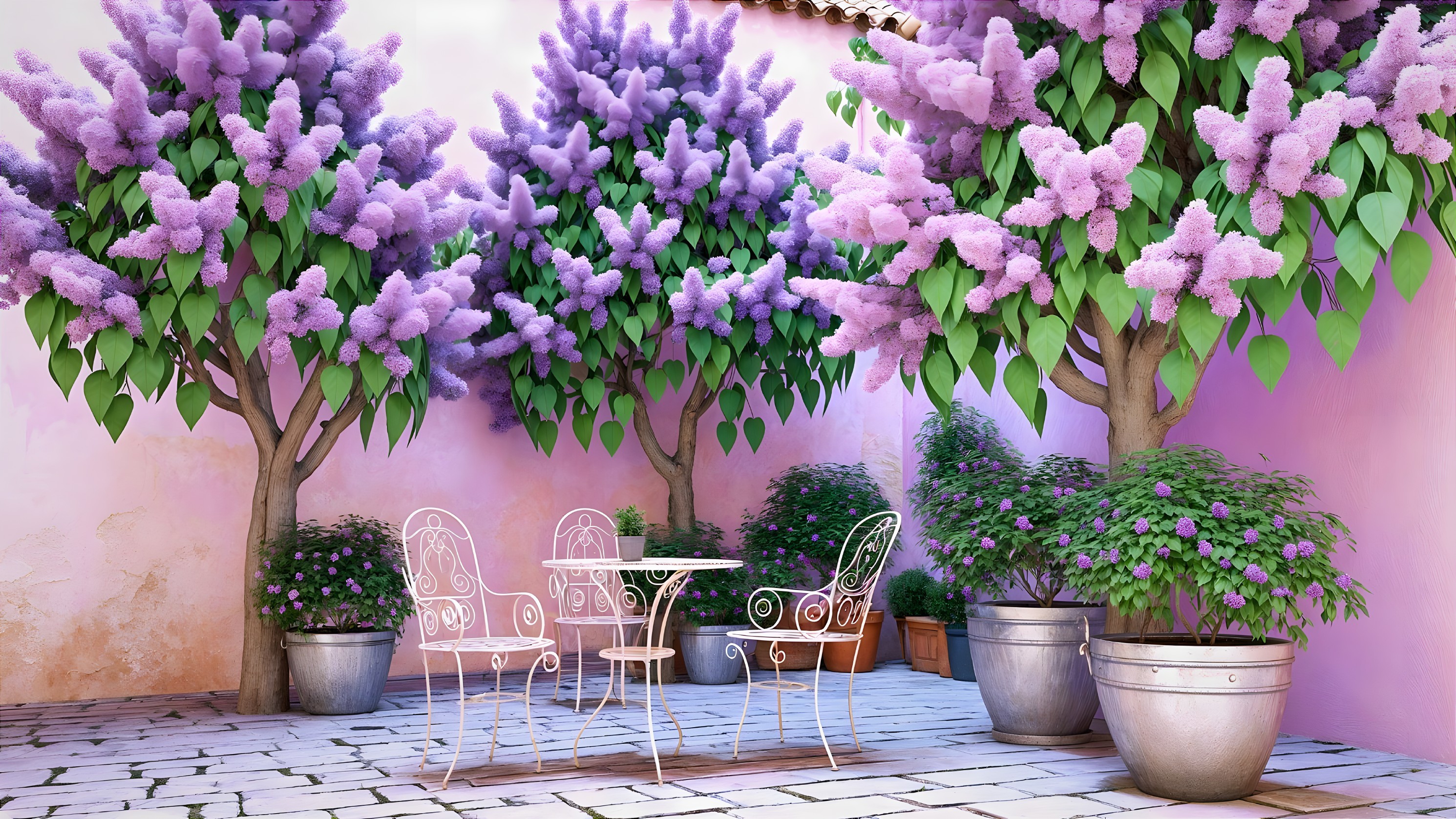 Charming Courtyard with Lilac Trees and Pastel Walls