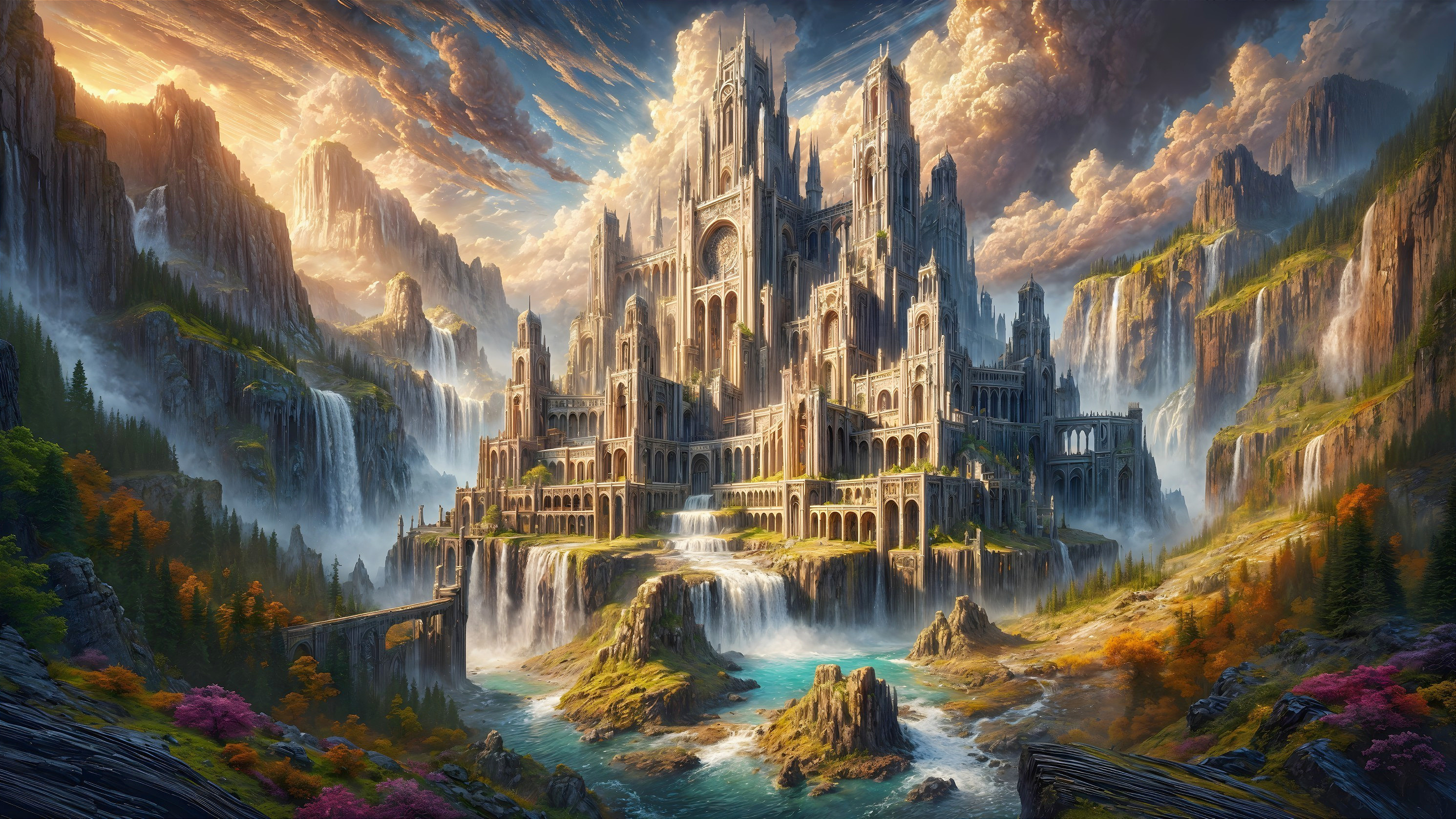 Majestic castle on a hill with waterfalls and flora