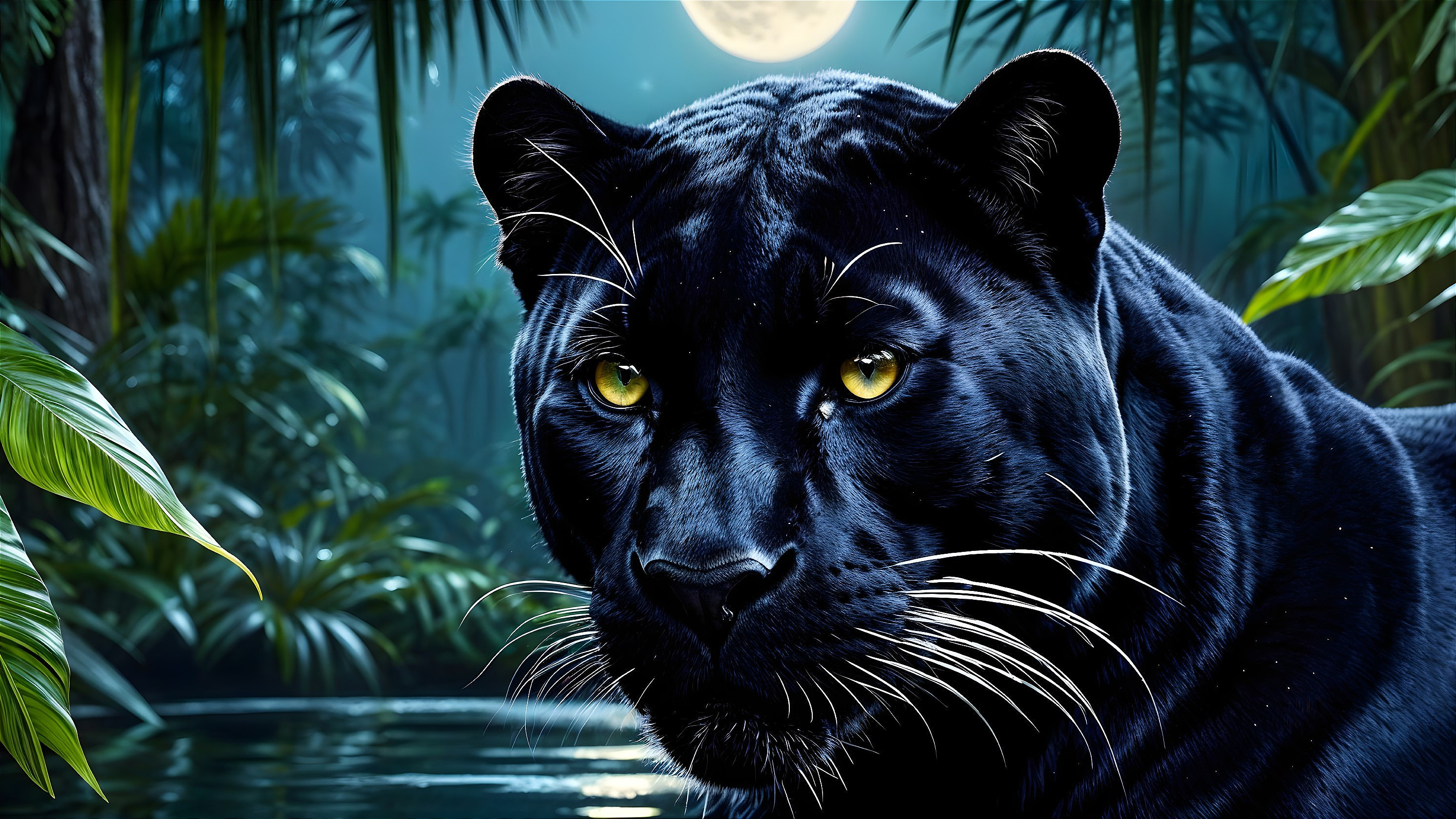 Black Panther in Lush Jungle Under Moonlight