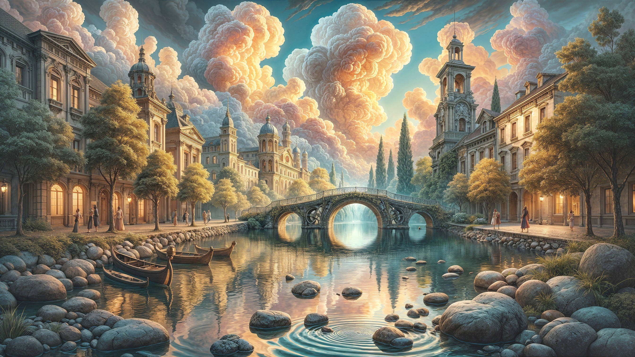 Serene sunset over picturesque cityscape and canal