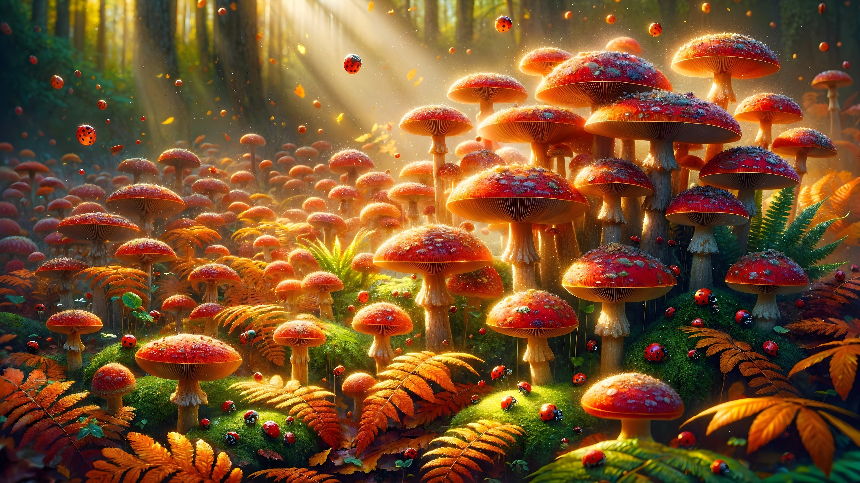 Vibrant forest scene with red mushrooms and sunlight