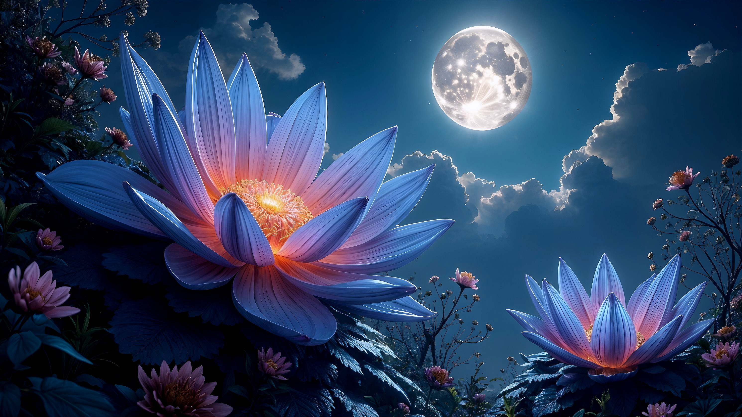 Luminous Lotus Flowers Under a Starry Night Sky