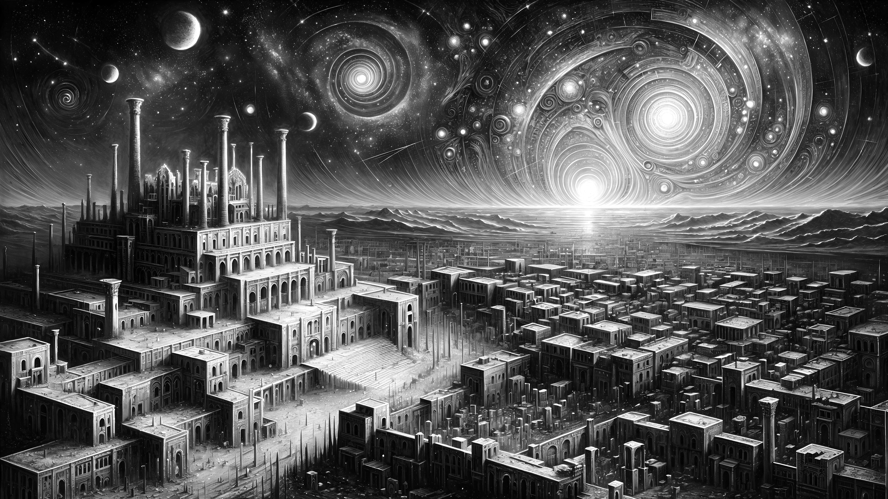 Surreal Monochrome Landscape with Towering Structure