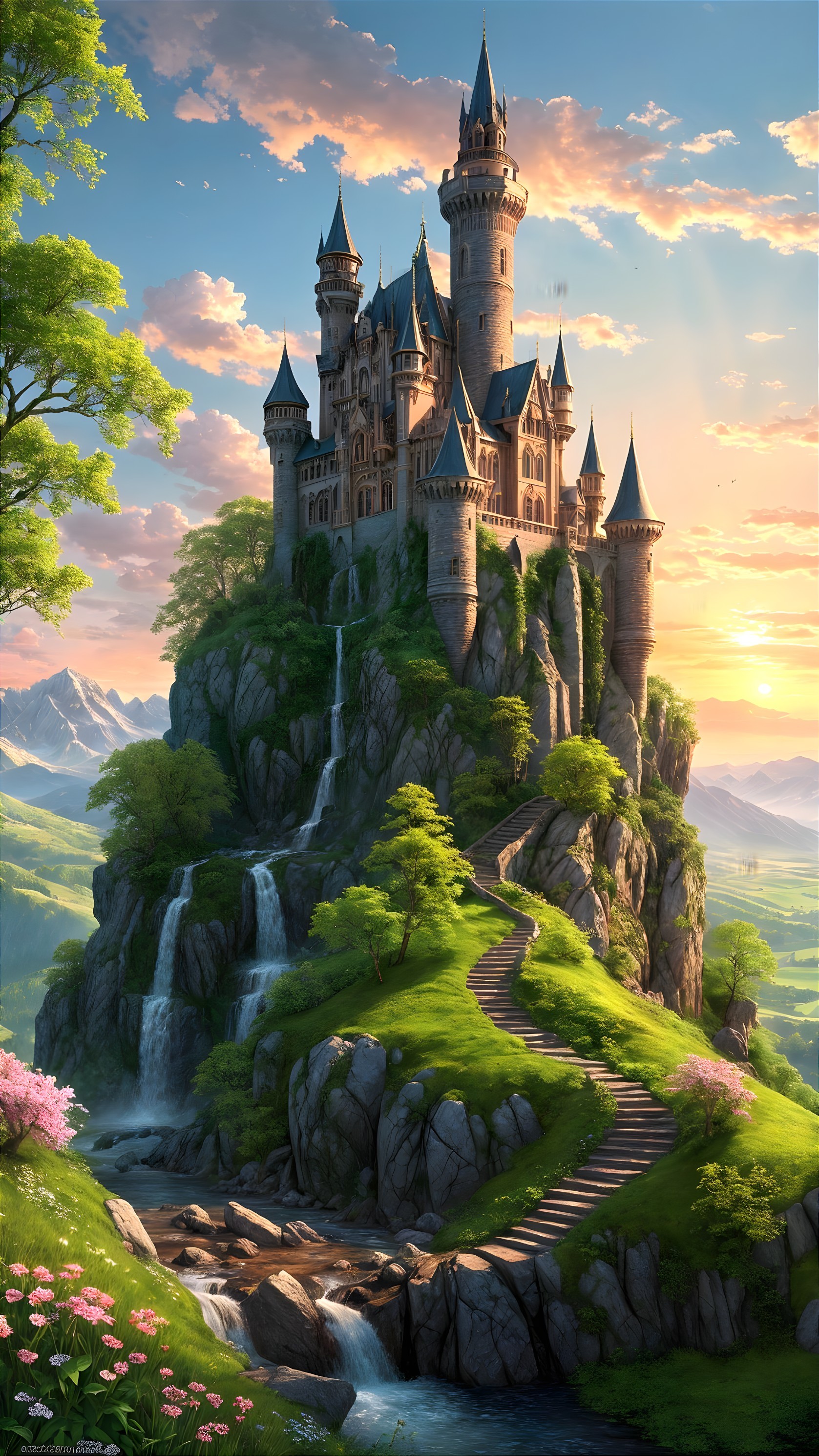Majestic castle on rocky mountain with vibrant scenery