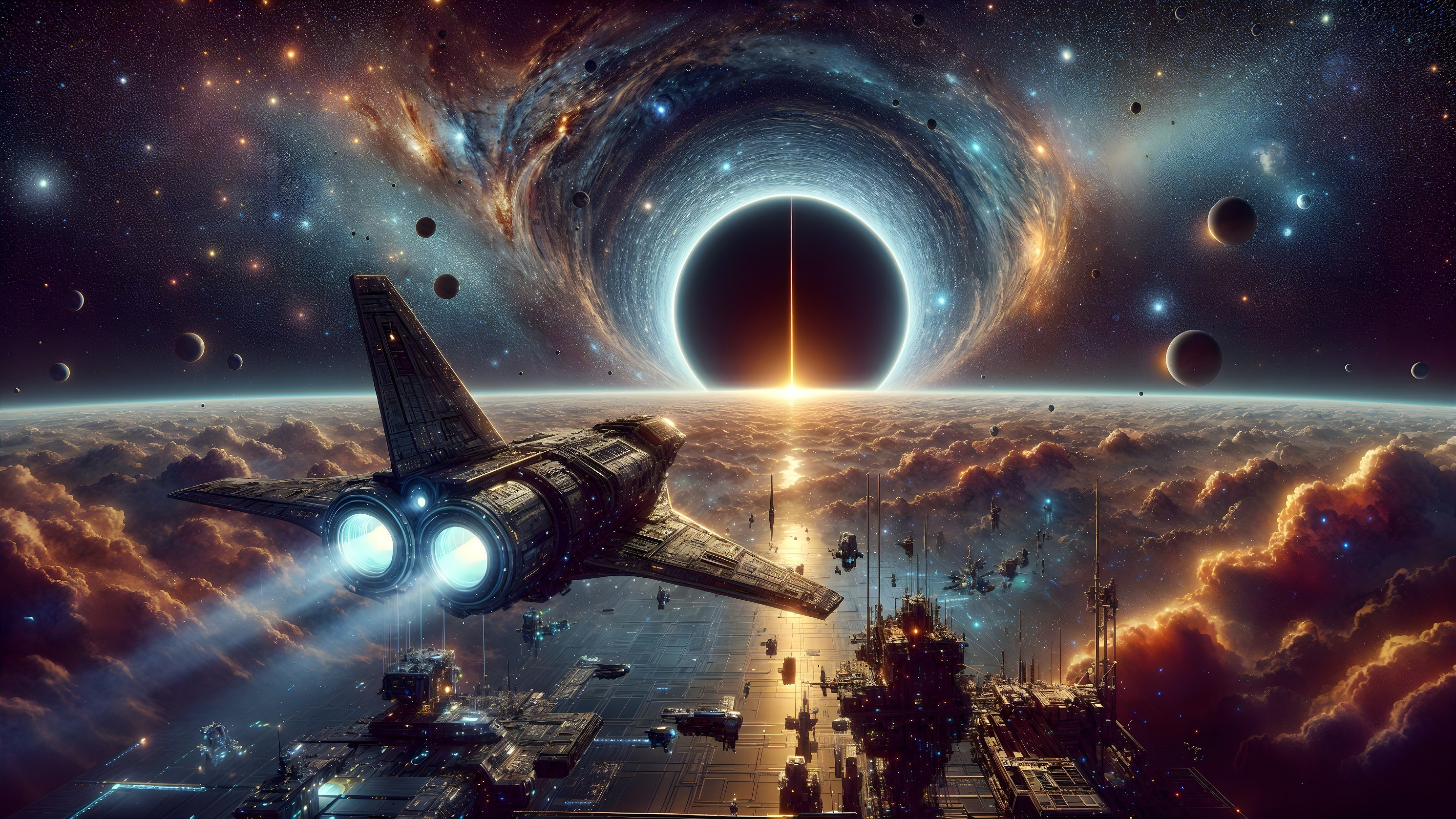 Futuristic Spaceship in Vibrant Cosmic Scene