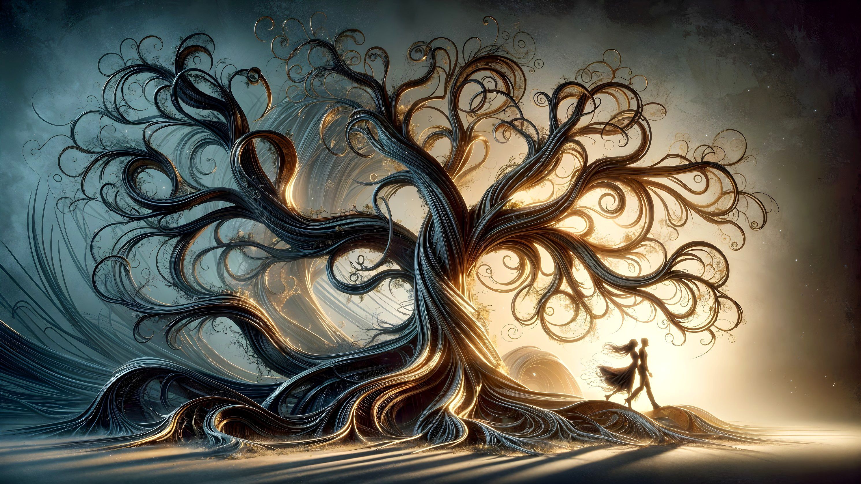 Majestic Tree with Golden Strands in Ethereal Scene