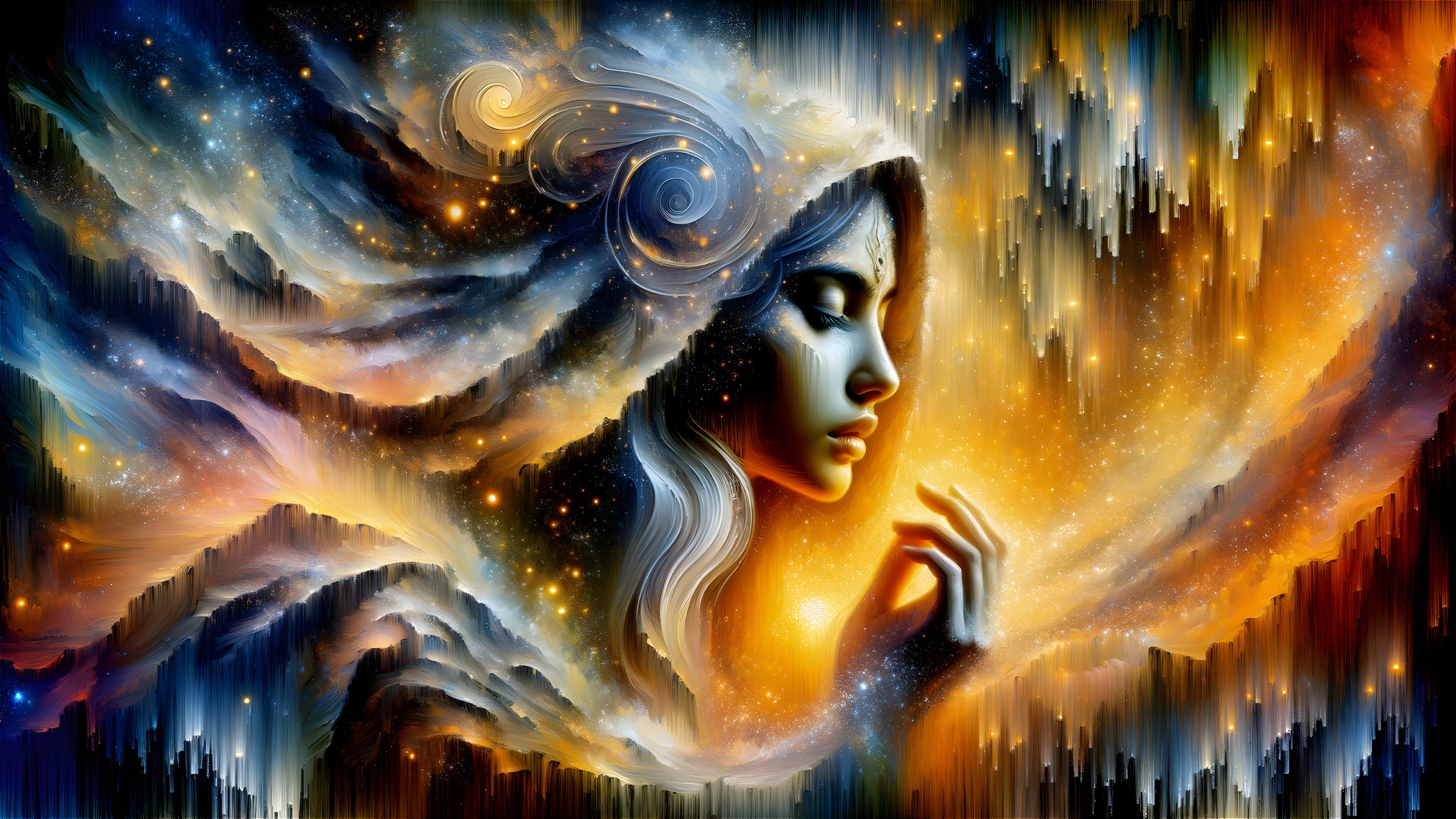 Cosmic Portrait of a Woman Amidst Vibrant Colors