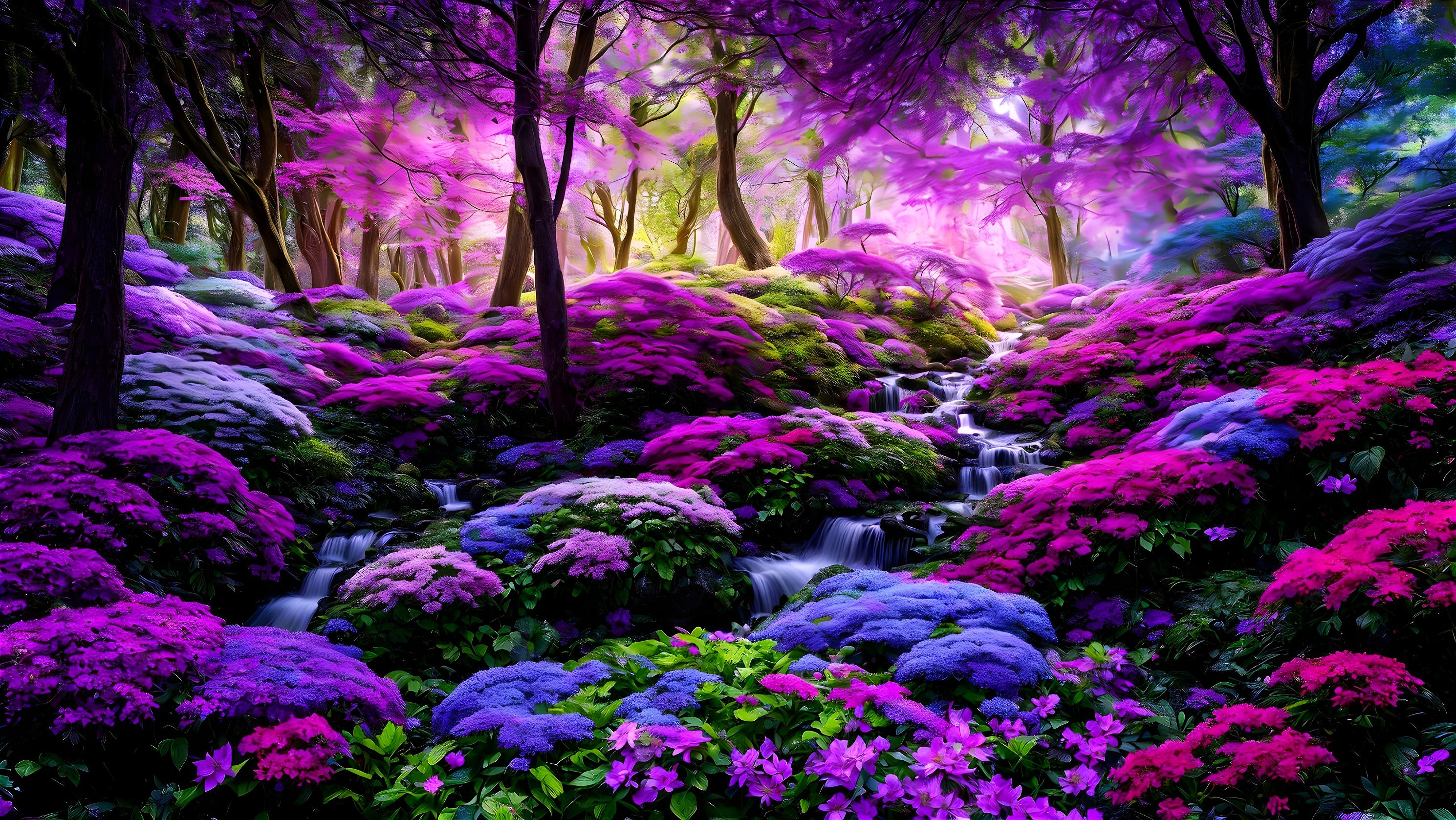Vibrant Forest Scene with Cascading Waterfalls and Flowers