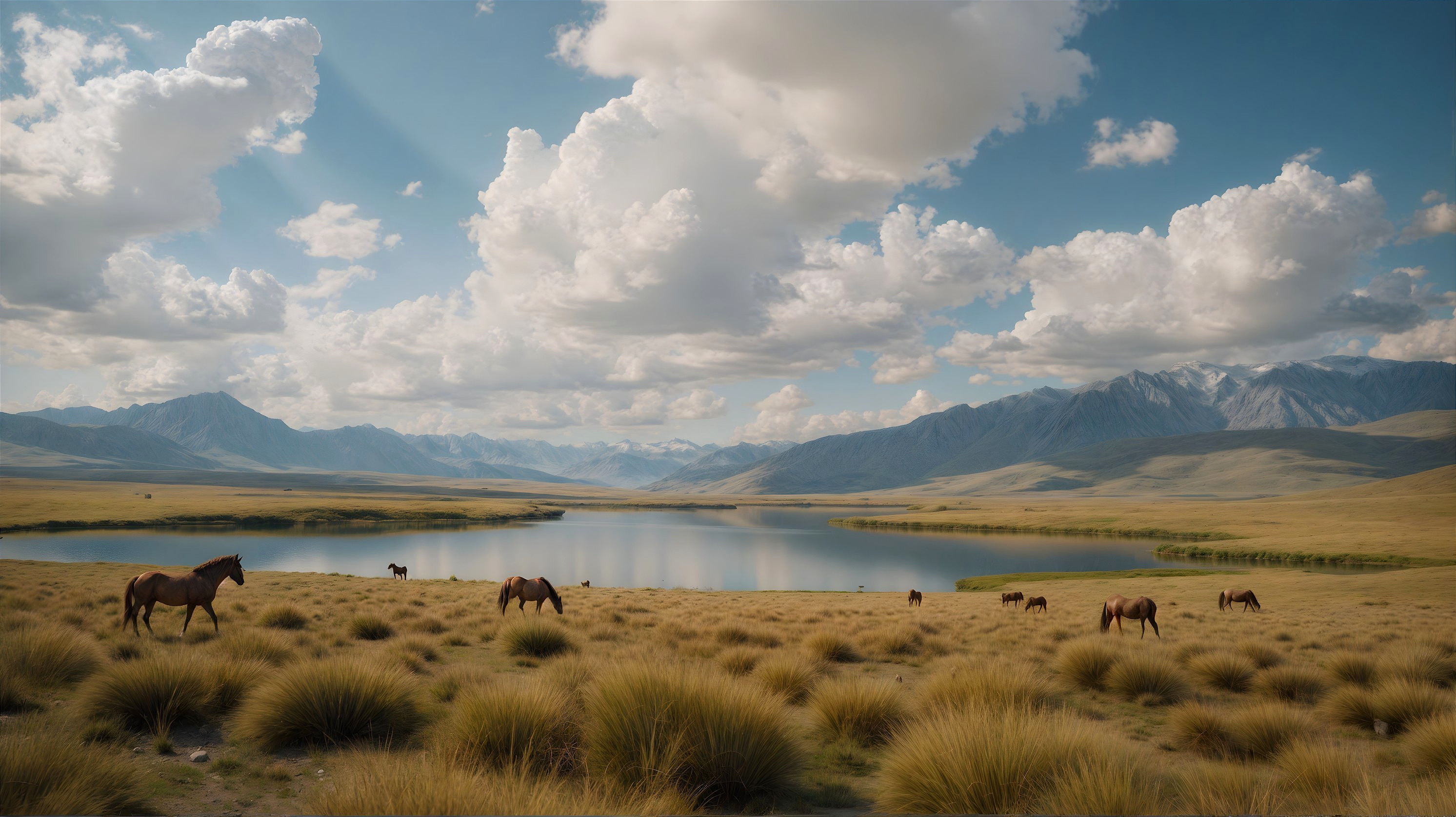 Serene Landscape with Lake, Hills, and Grazing Horses