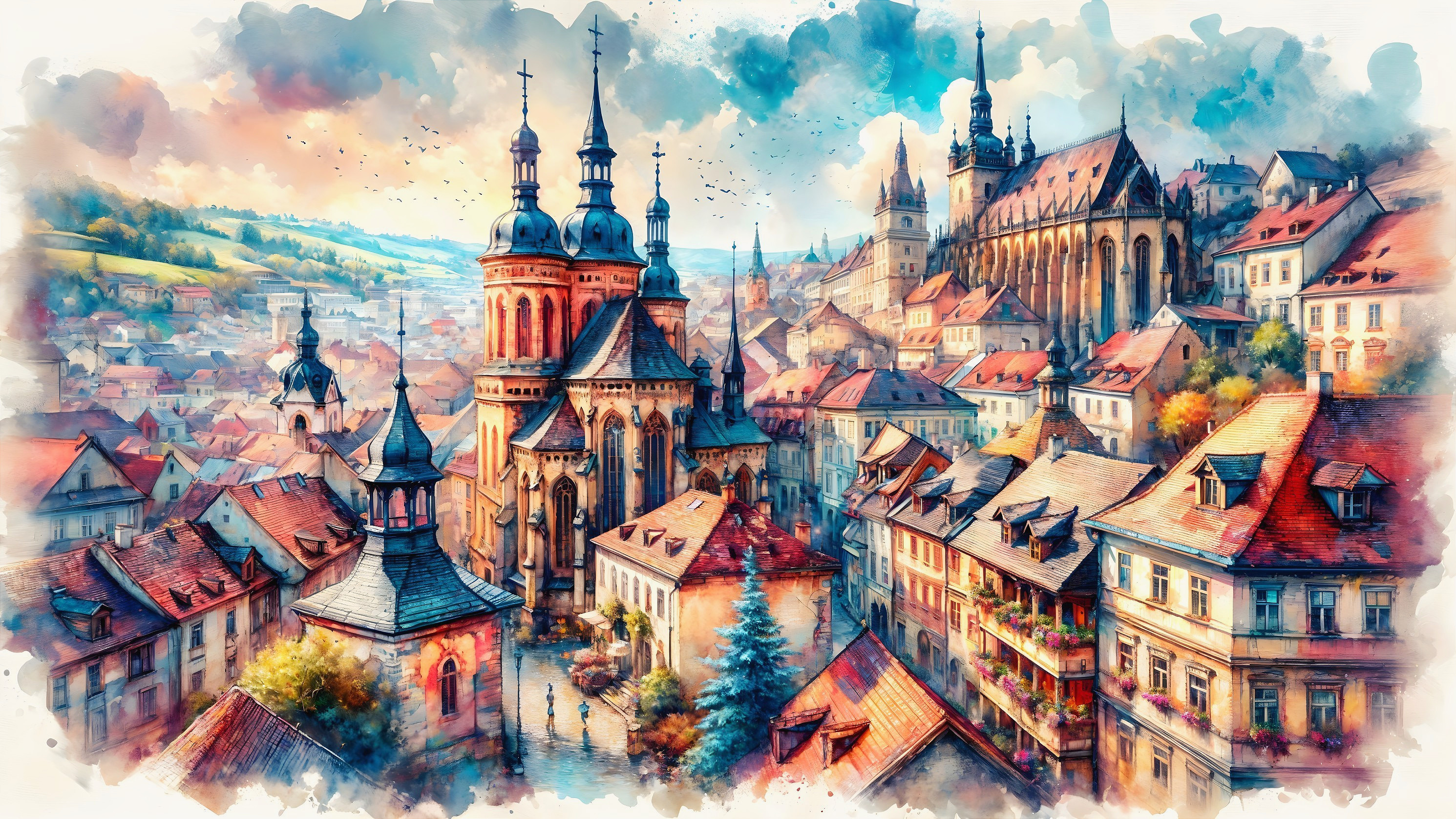Medieval Town Landscape with Spires and Hills
