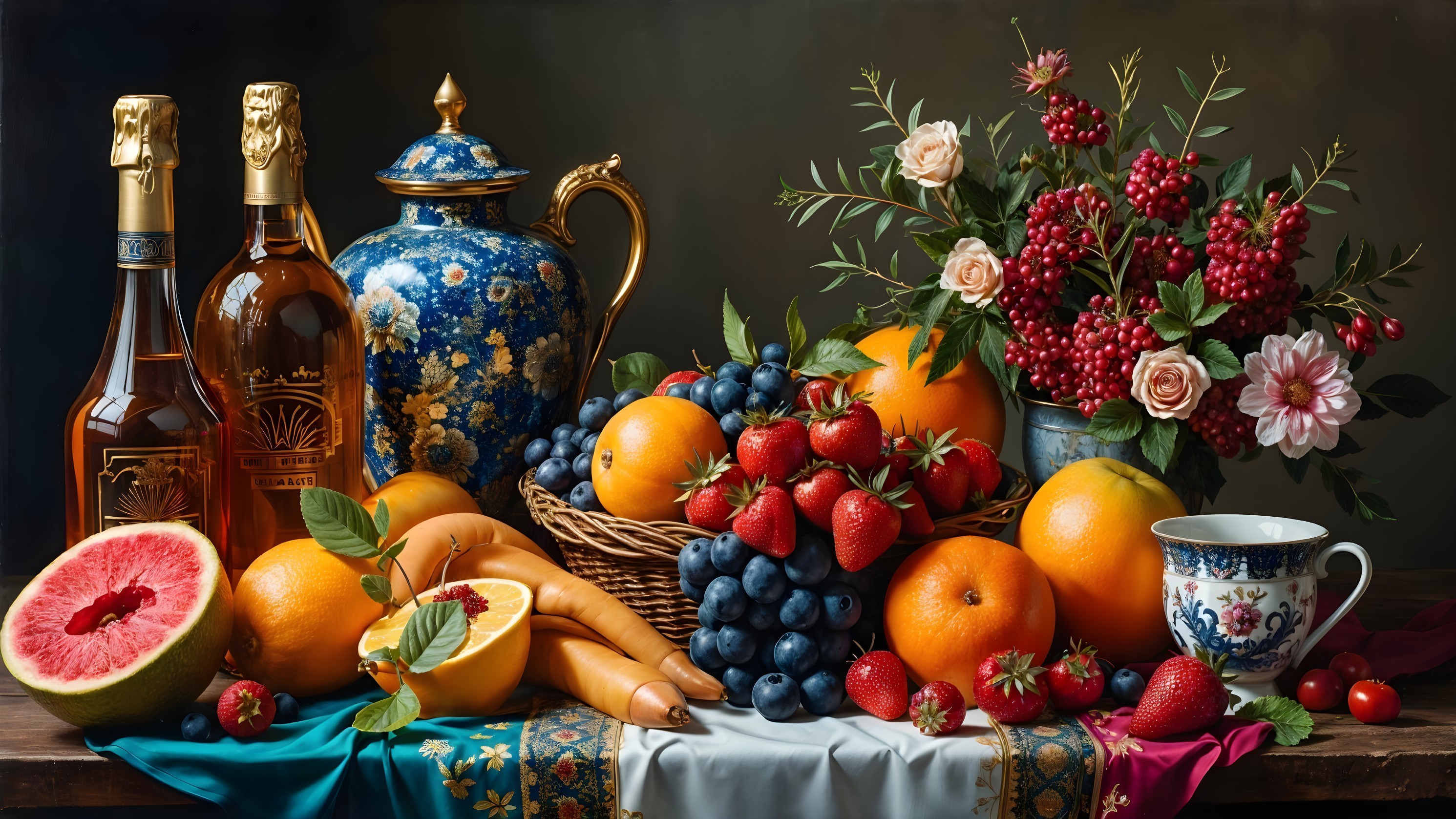 Vibrant Still Life with Fresh Fruits and Elegant Decor
