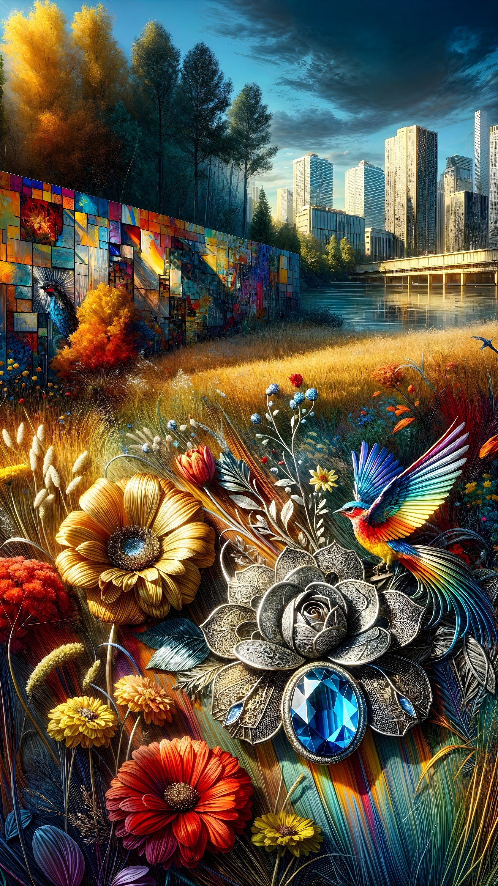 Vibrant Mural Blending Nature and Urban Life