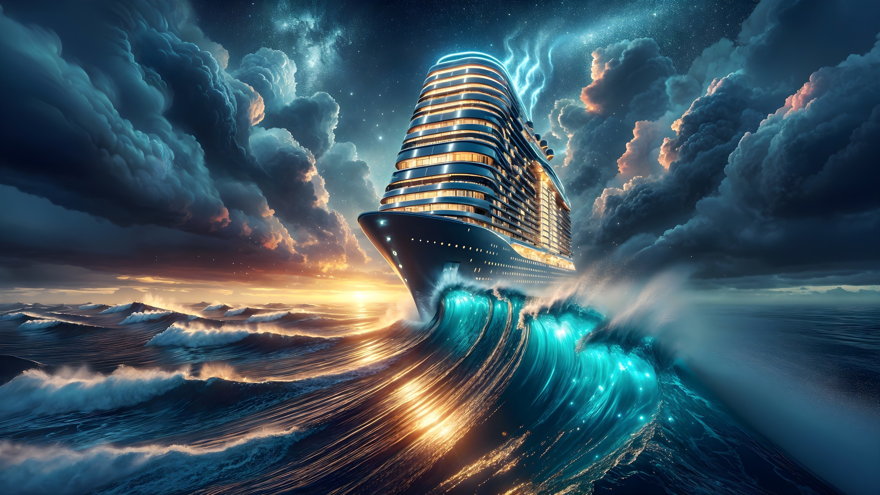 Majestic Cruise Ship in Turbulent Seas at Twilight