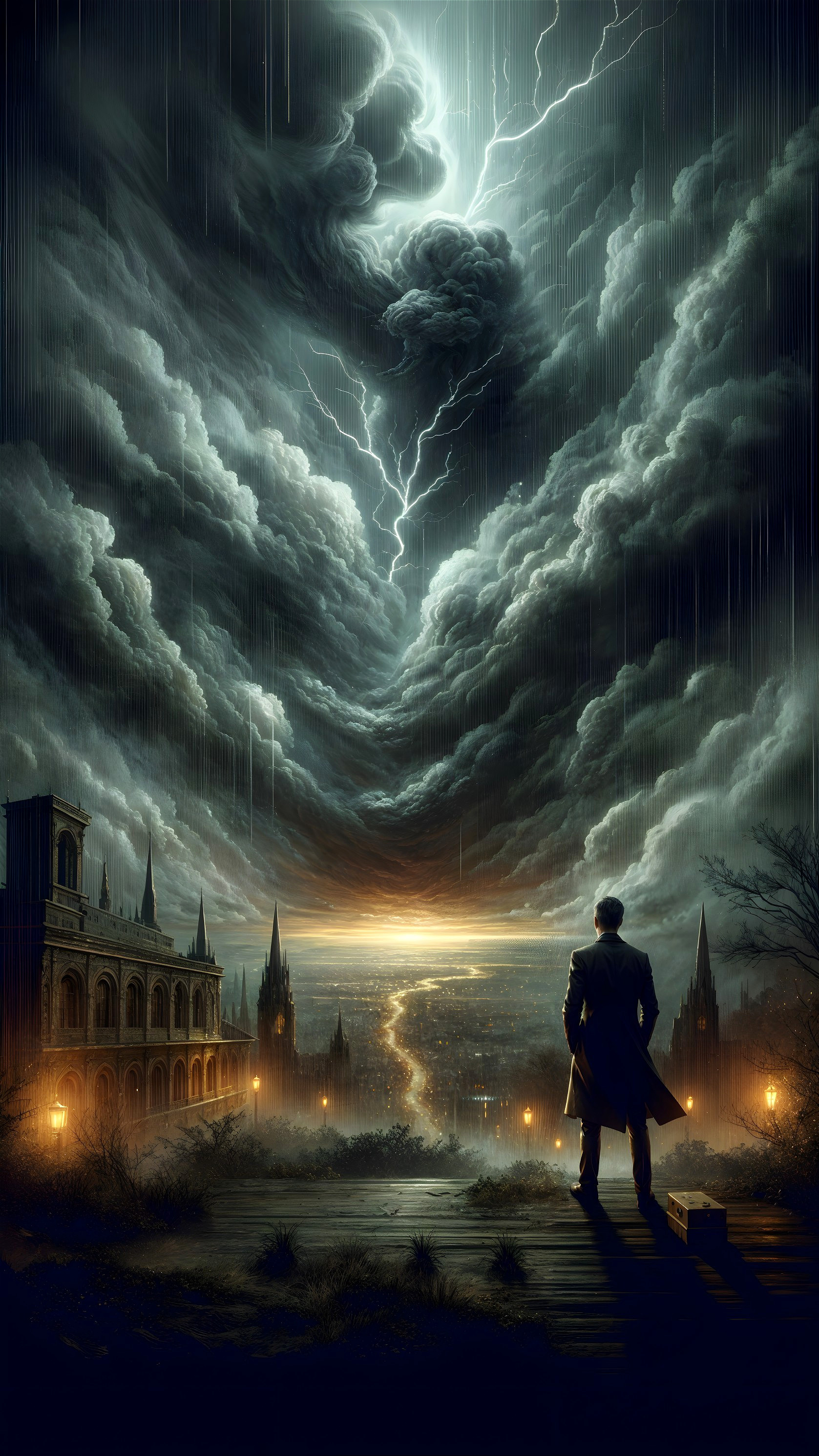 Figure on Platform Overlooking Stormy Cityscape