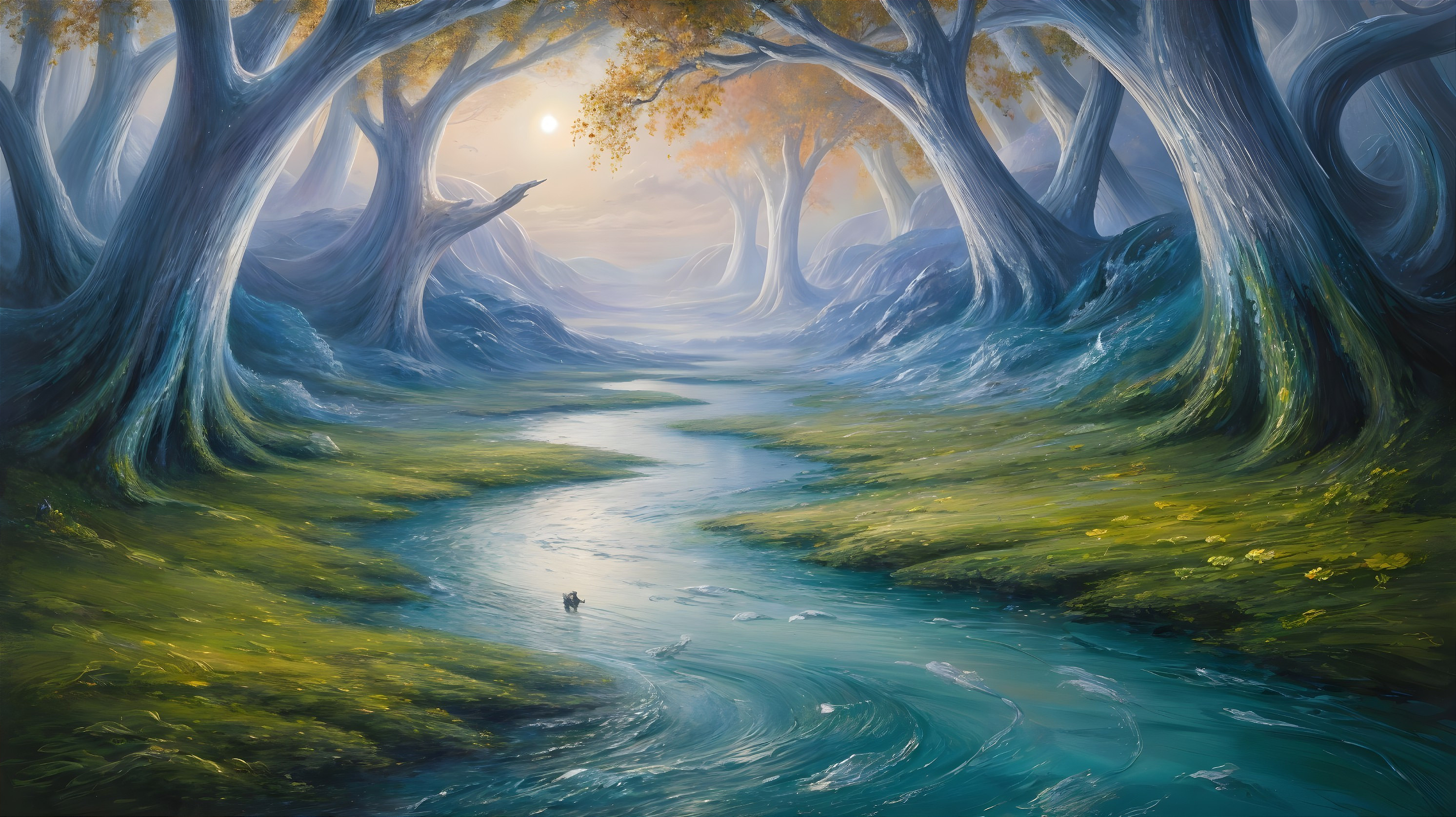 Serene Landscape with Winding River in Enchanted Forest