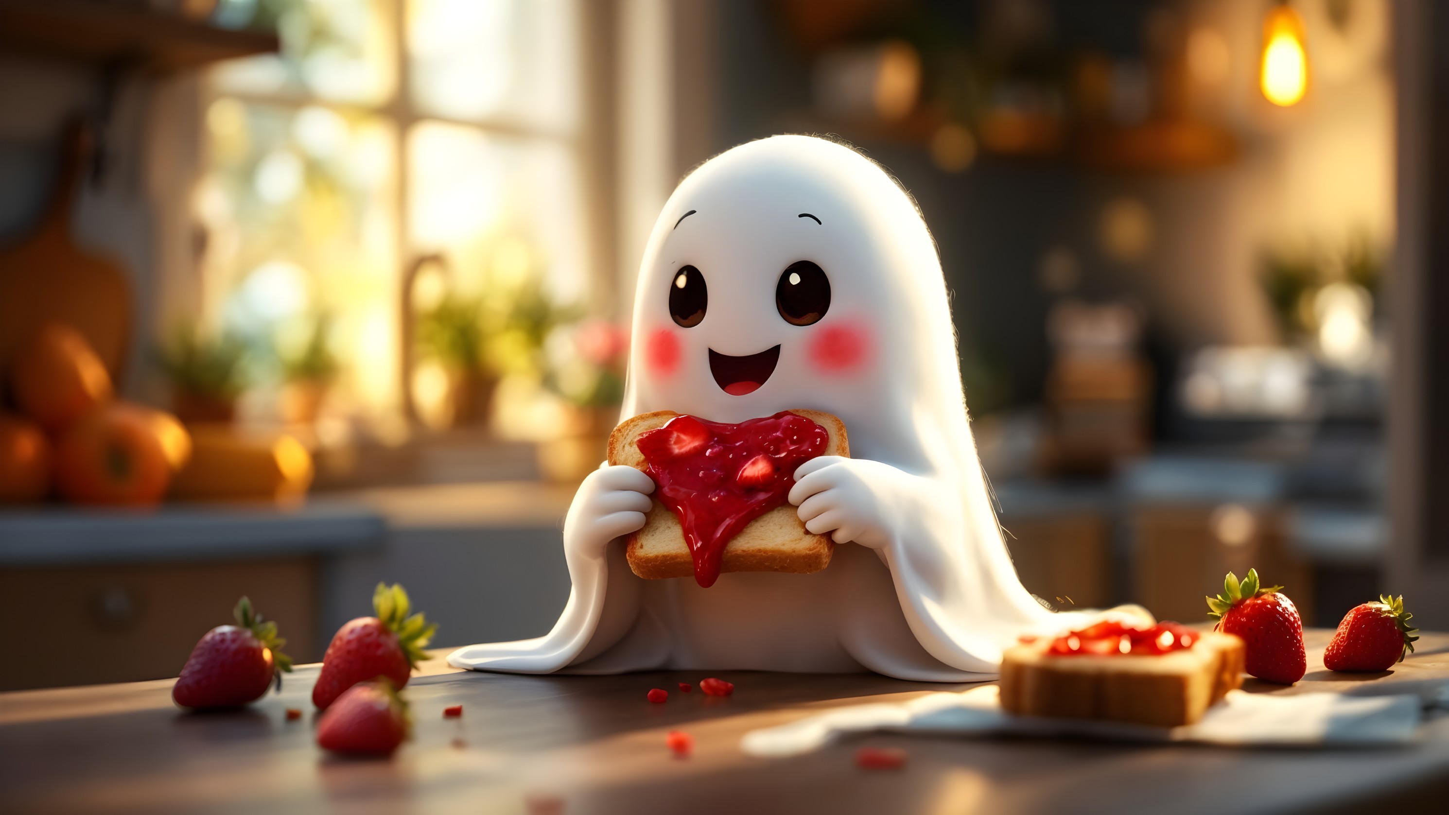 Cheerful Cartoon Ghost at Kitchen Table with Toast