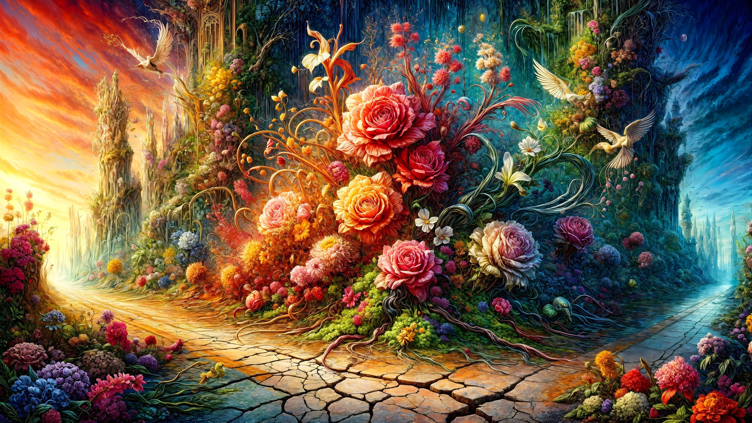 Vibrant Landscape with Contrasting Skies and Flora
