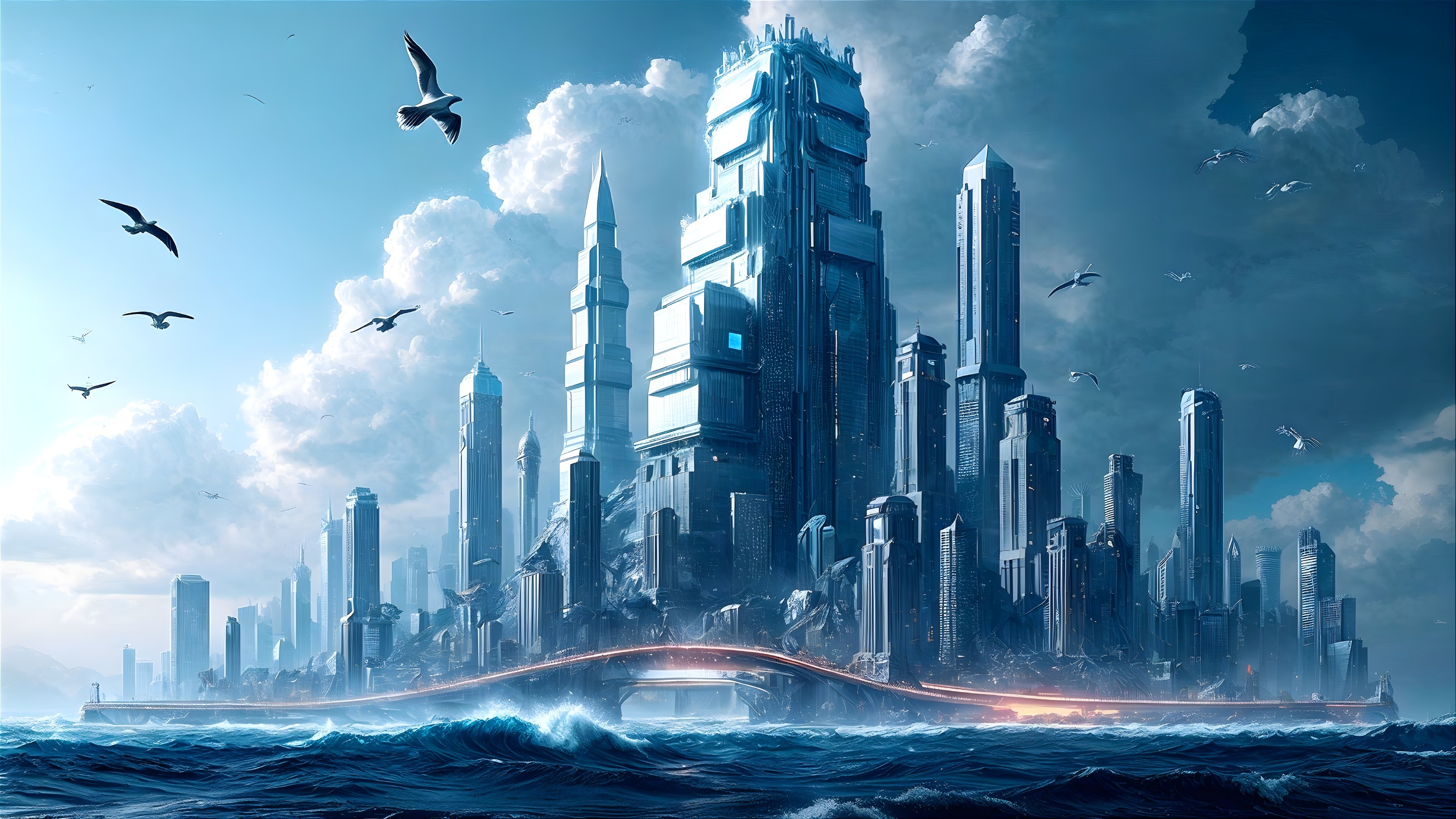 Futuristic Cityscape with Skyscrapers and Bridge