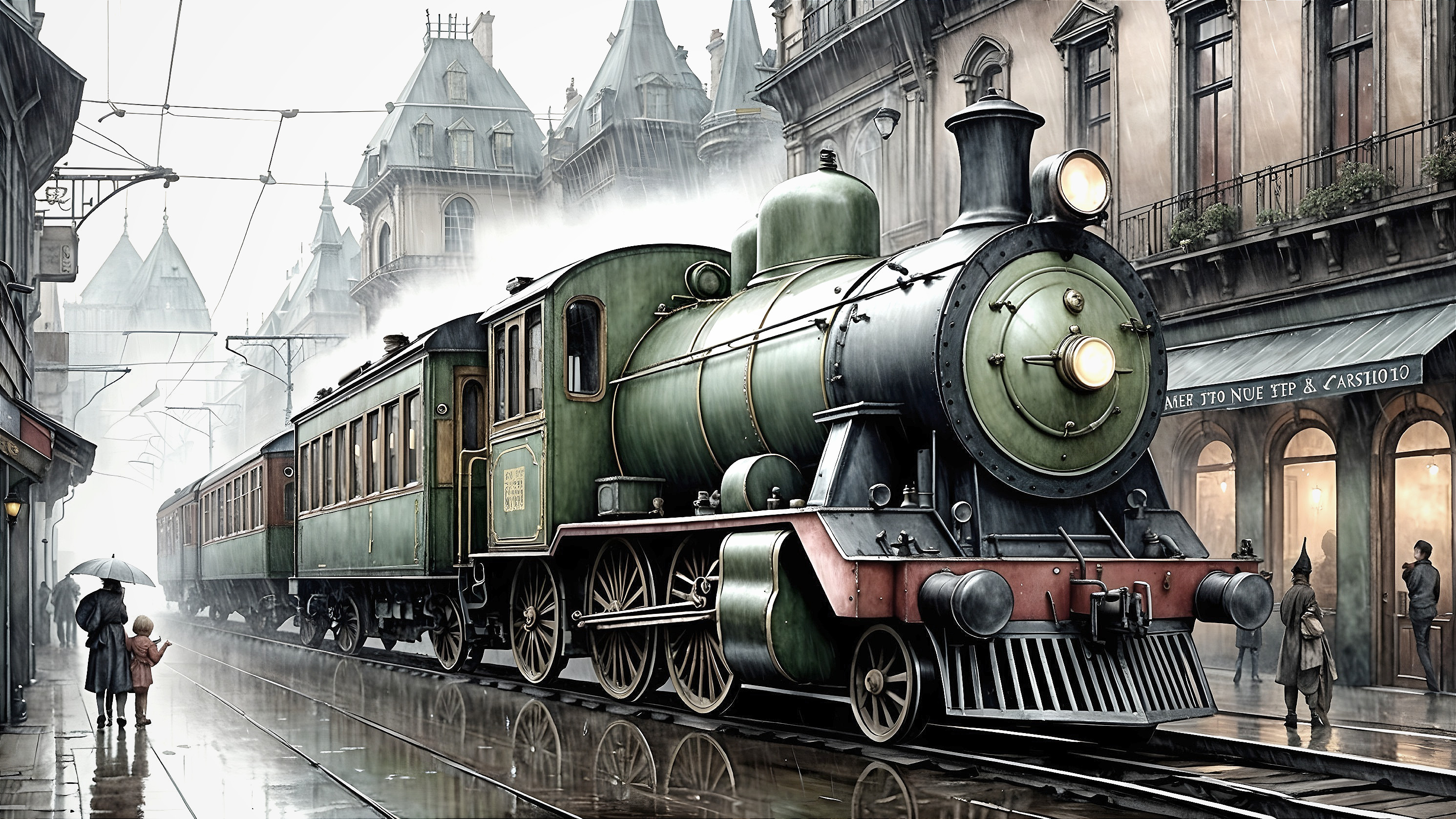 Vintage Steam Locomotive on Misty Platform with Passengers