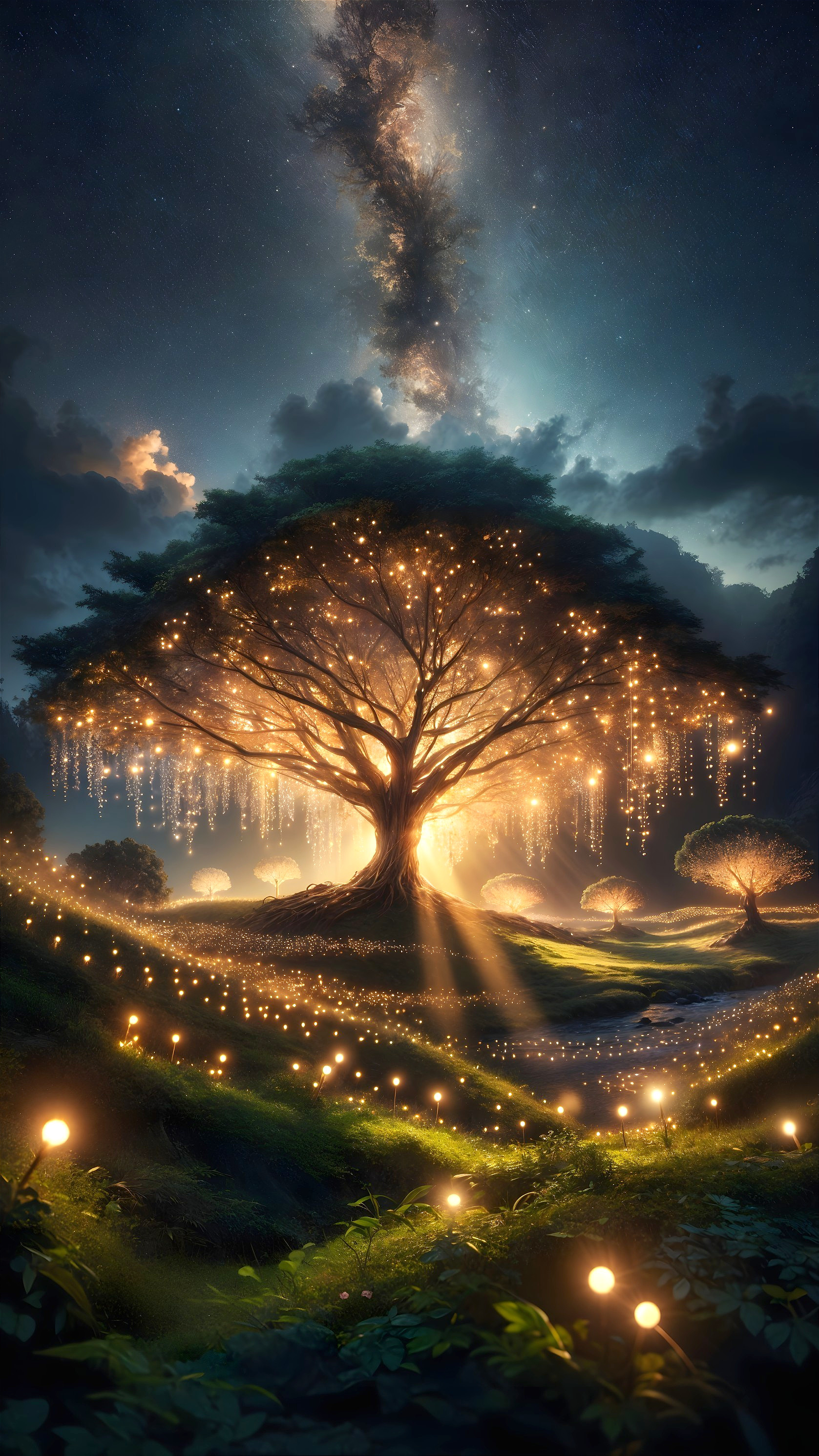 Majestic tree with twinkling lights in serene landscape