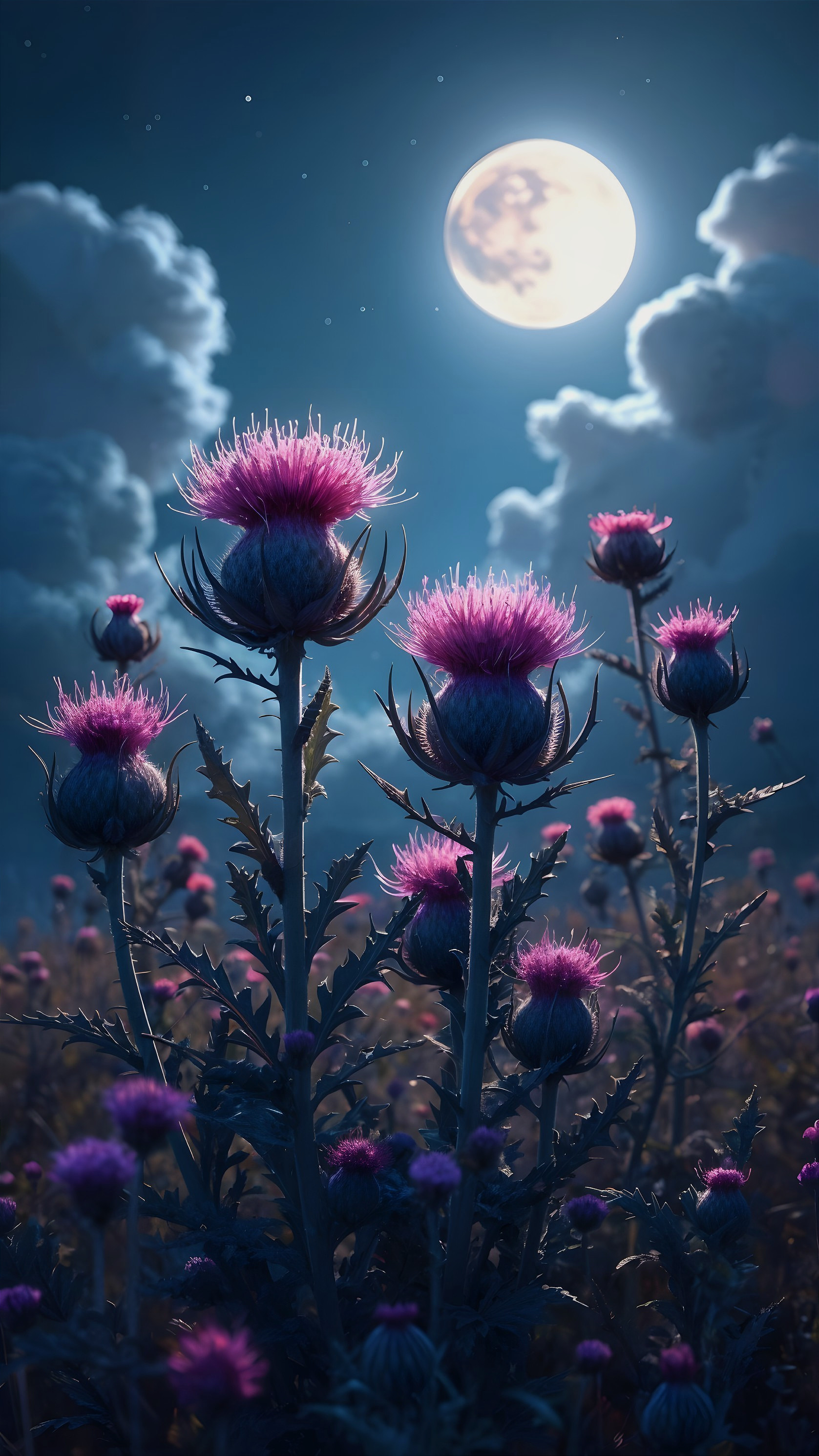 Field of Thistles Under a Full Moon at Night