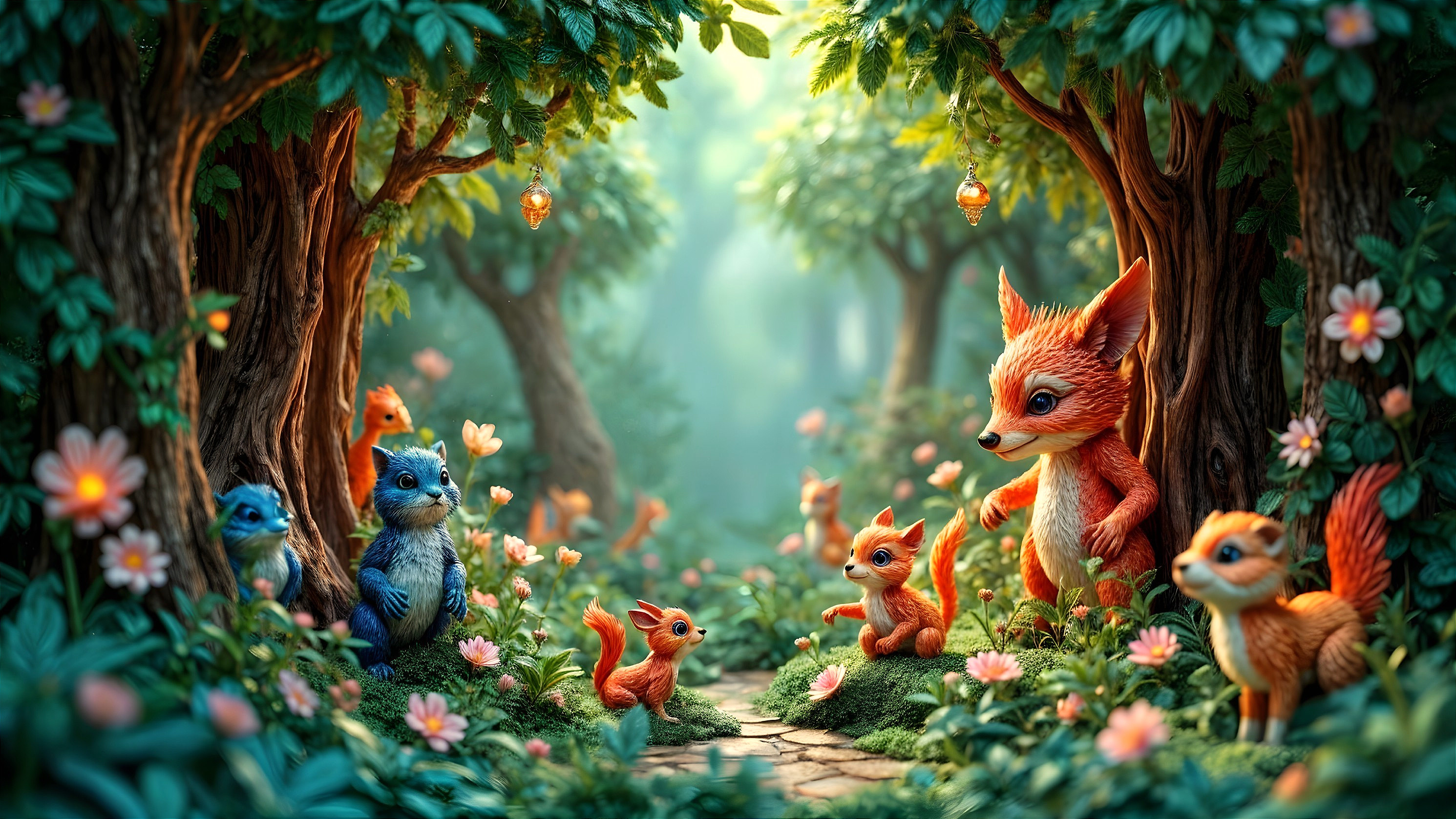 Magical forest scene with vibrant trees and wildlife