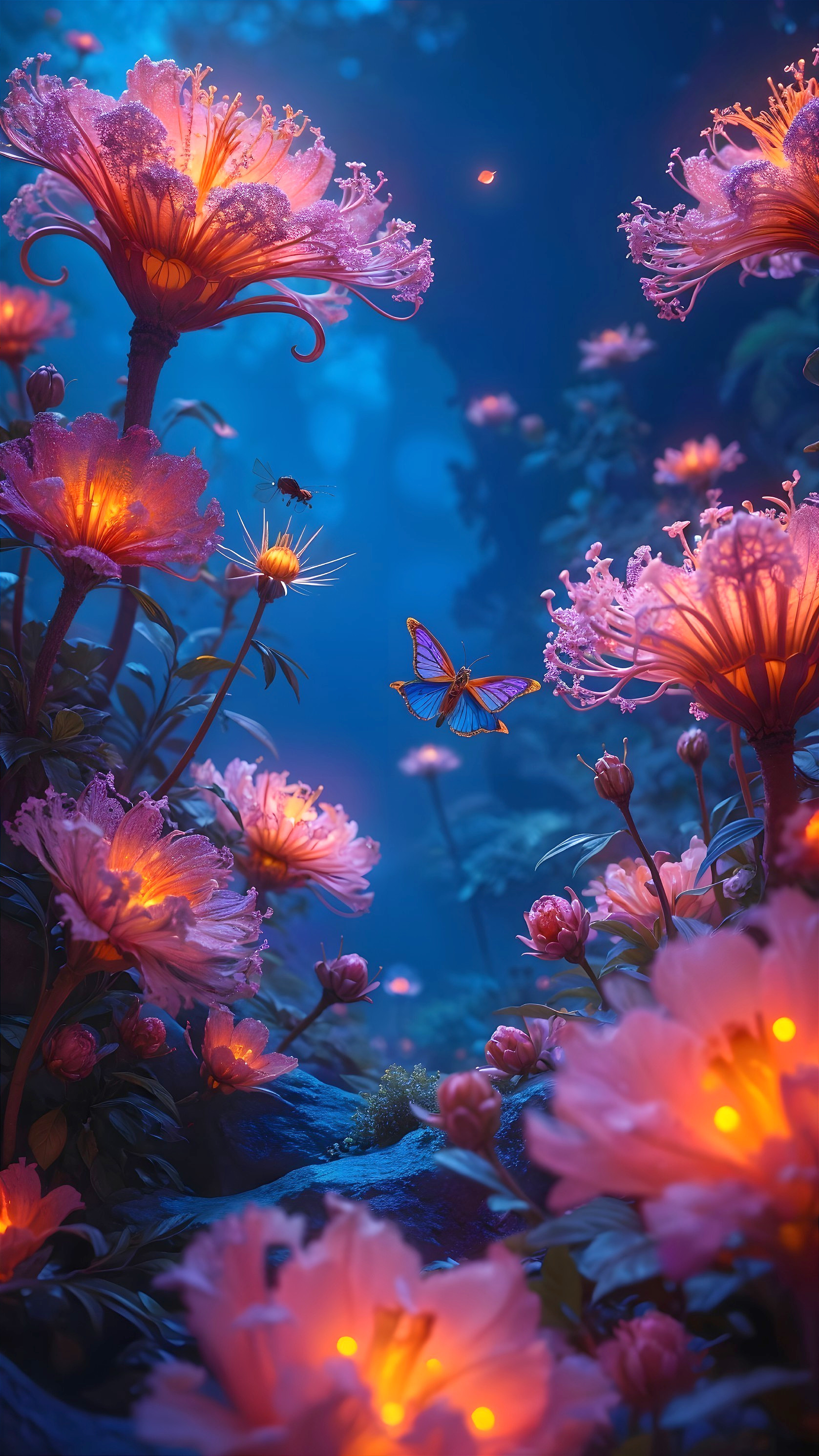 Ethereal Landscape with Glowing Flowers and Butterfly